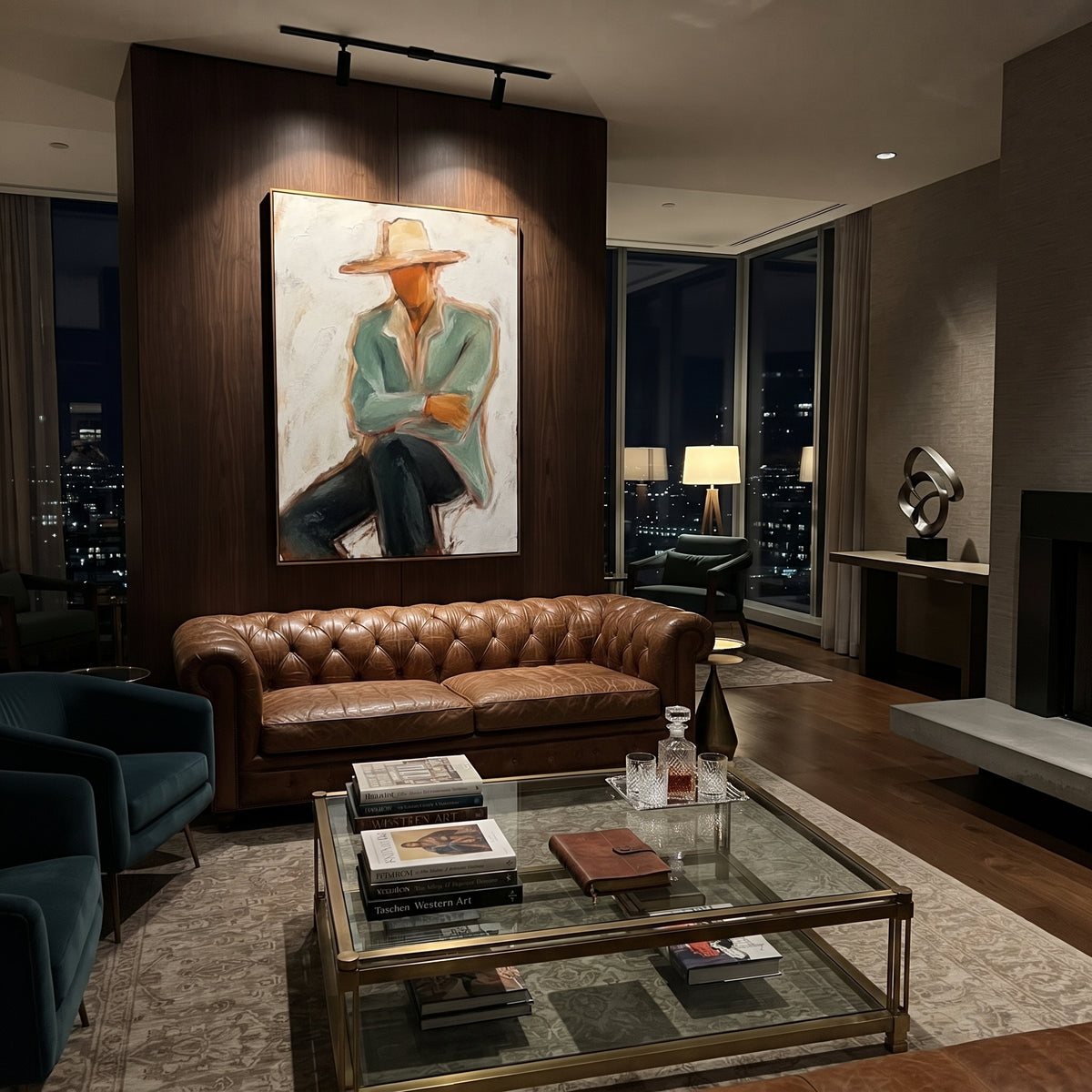 "Low Brim Cowboy Figure Painting" focuses on atmosphere, surface movement, and sculptural heavy impasto craftsmanship rather than a fixed literal storyline. The composition uses this hand-painted vertical canvas presents a faceless cowboy under a low wide beige hat, wearing a muted sage jacket and cream shirt as the visual anchor, while layered palette-knife paint, raised plaster-like texture, and softened brush movement create tactile depth across the canvas. Curated with a balanced green
