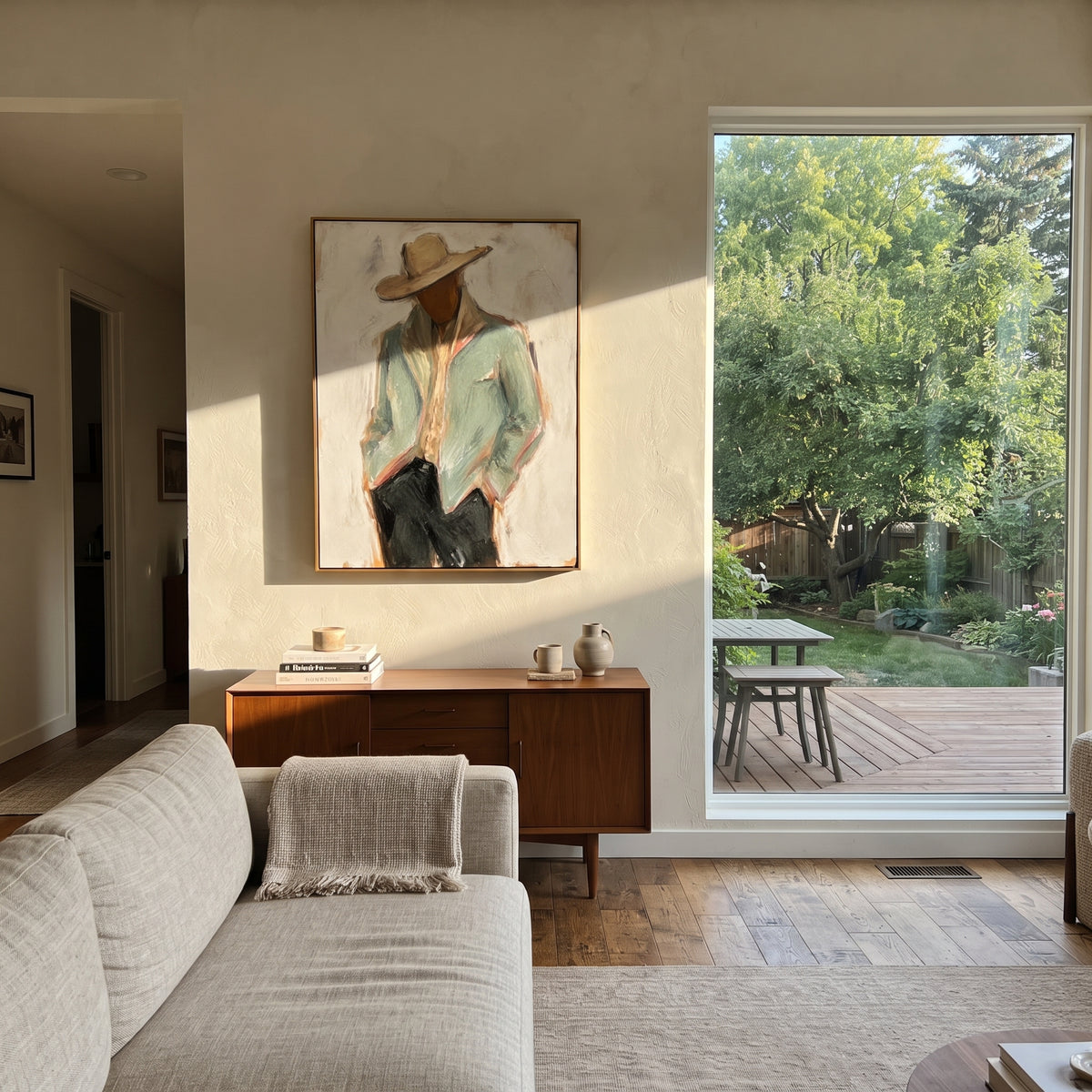 "Back Turn Cowboy Jacket Painting" focuses on atmosphere, surface movement, and sculptural heavy impasto craftsmanship rather than a fixed literal storyline. The composition uses this hand-painted vertical canvas depicts a cowboy from behind, with a pale sage jacket filling the frame beneath a wide beige hat as the visual anchor, while layered palette-knife paint, raised plaster-like texture, and softened brush movement create tactile depth across the canvas. Curated with a balanced green