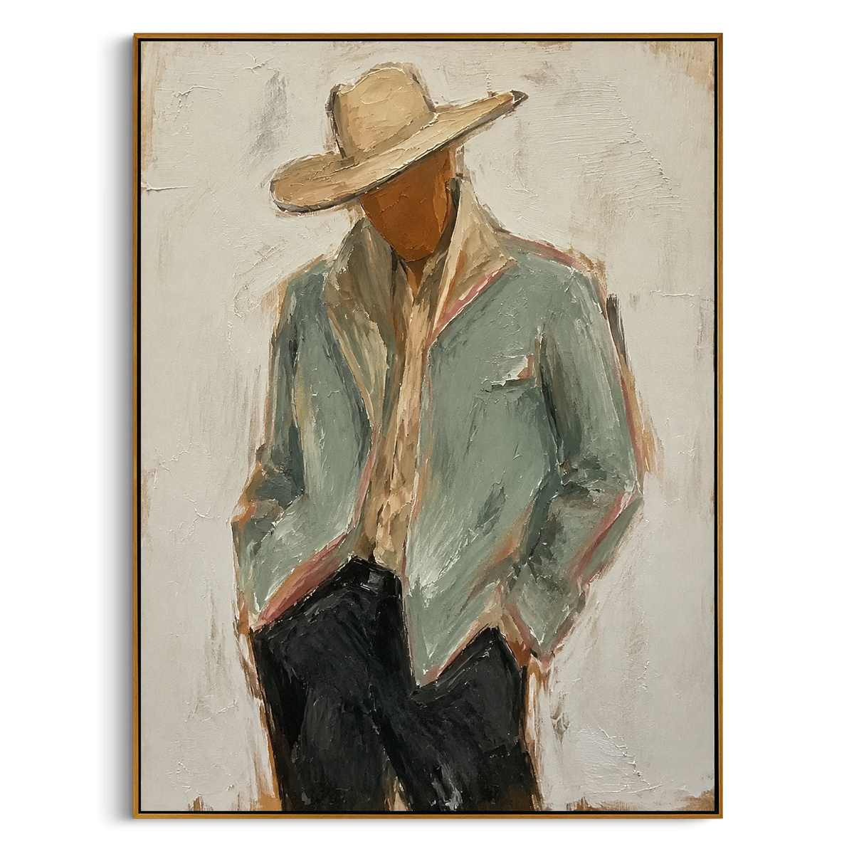 "Back Turn Cowboy Jacket Painting" - Modern Heavy Impasto Western Animal Artwork | Green & Beige Palette Knife Painting | Luxury Vertical Wall Art #PT 1514