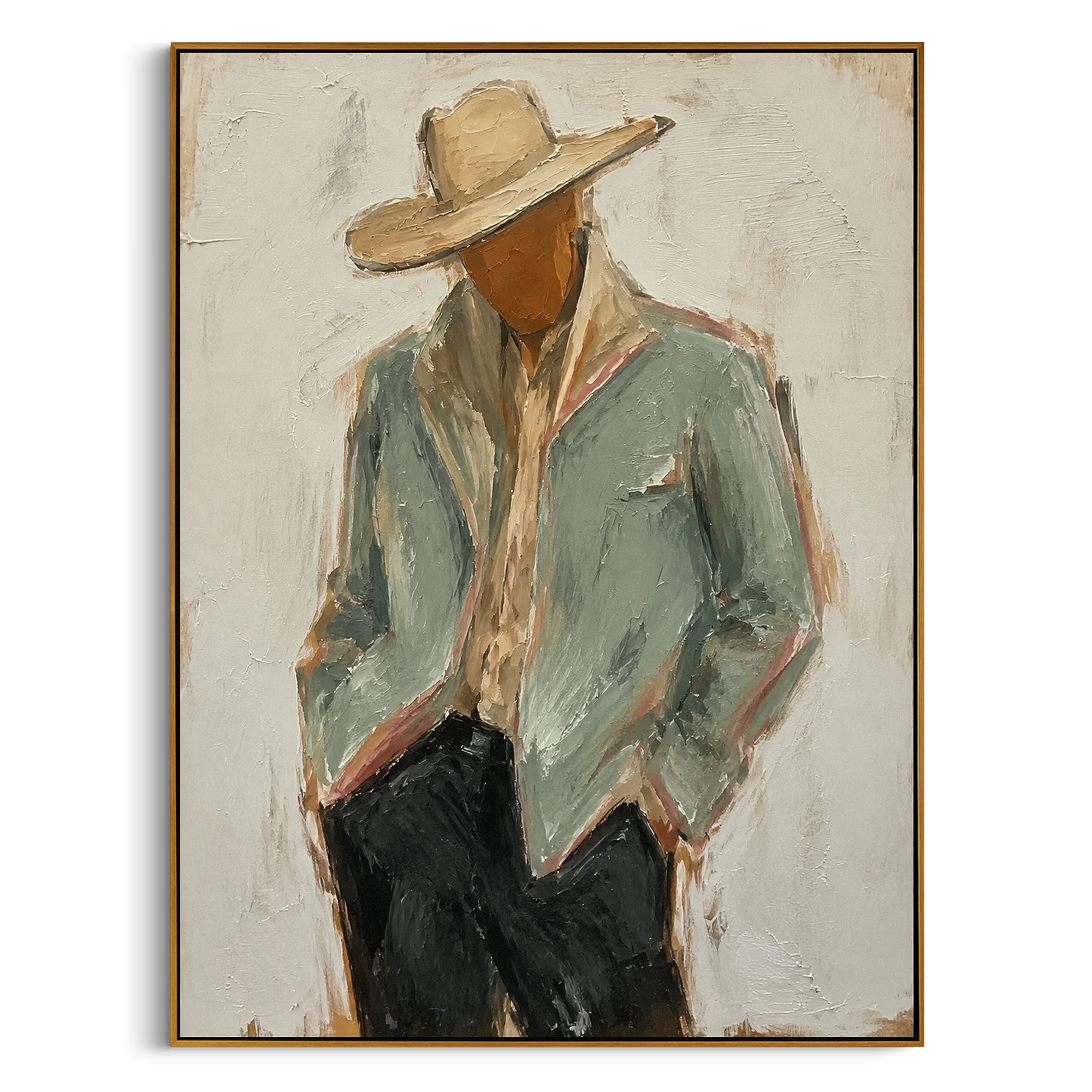 "Back Turn Cowboy Jacket Painting" focuses on atmosphere, surface movement, and sculptural heavy impasto craftsmanship rather than a fixed literal storyline. The composition uses this hand-painted vertical canvas depicts a cowboy from behind, with a pale sage jacket filling the frame beneath a wide beige hat as the visual anchor, while layered palette-knife paint, raised plaster-like texture, and softened brush movement create tactile depth across the canvas. Curated with a balanced green