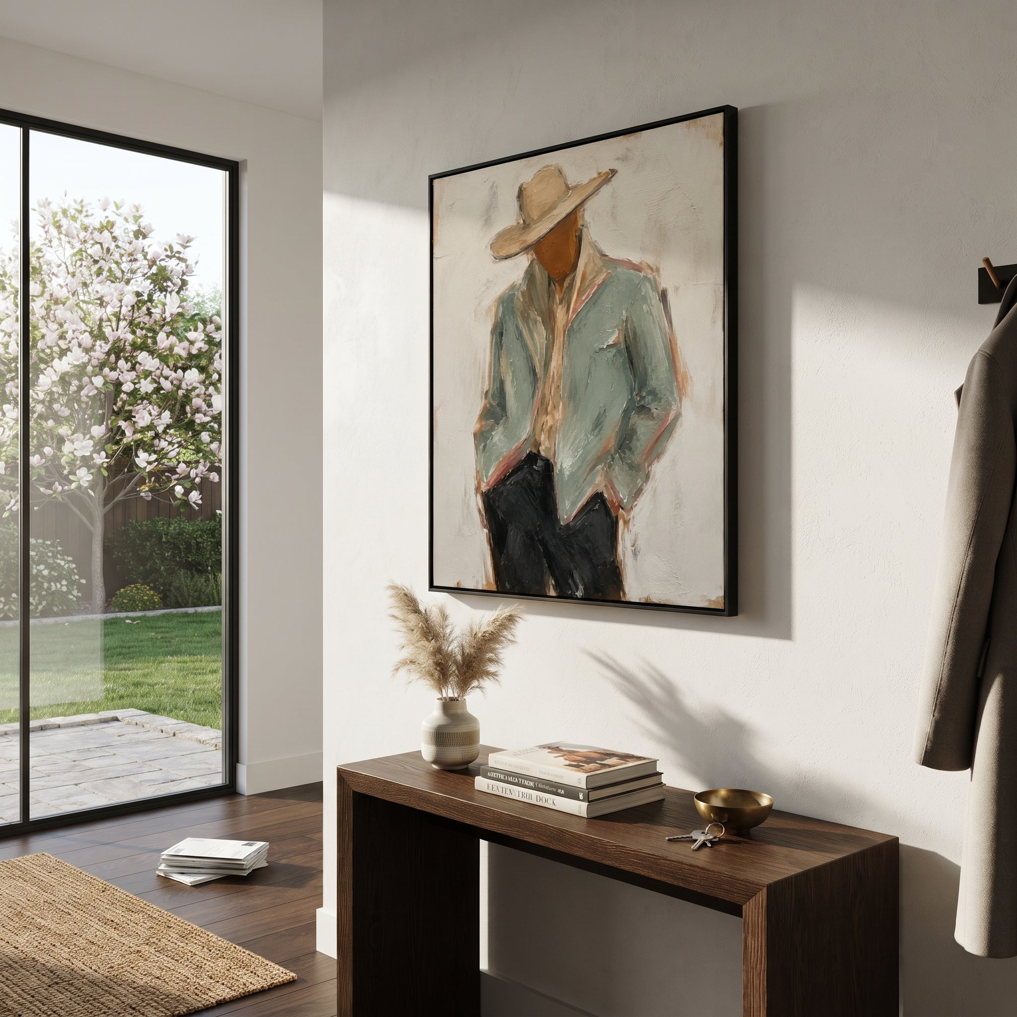 "Back Turn Cowboy Jacket Painting" focuses on atmosphere, surface movement, and sculptural heavy impasto craftsmanship rather than a fixed literal storyline. The composition uses this hand-painted vertical canvas depicts a cowboy from behind, with a pale sage jacket filling the frame beneath a wide beige hat as the visual anchor, while layered palette-knife paint, raised plaster-like texture, and softened brush movement create tactile depth across the canvas. Curated with a balanced green