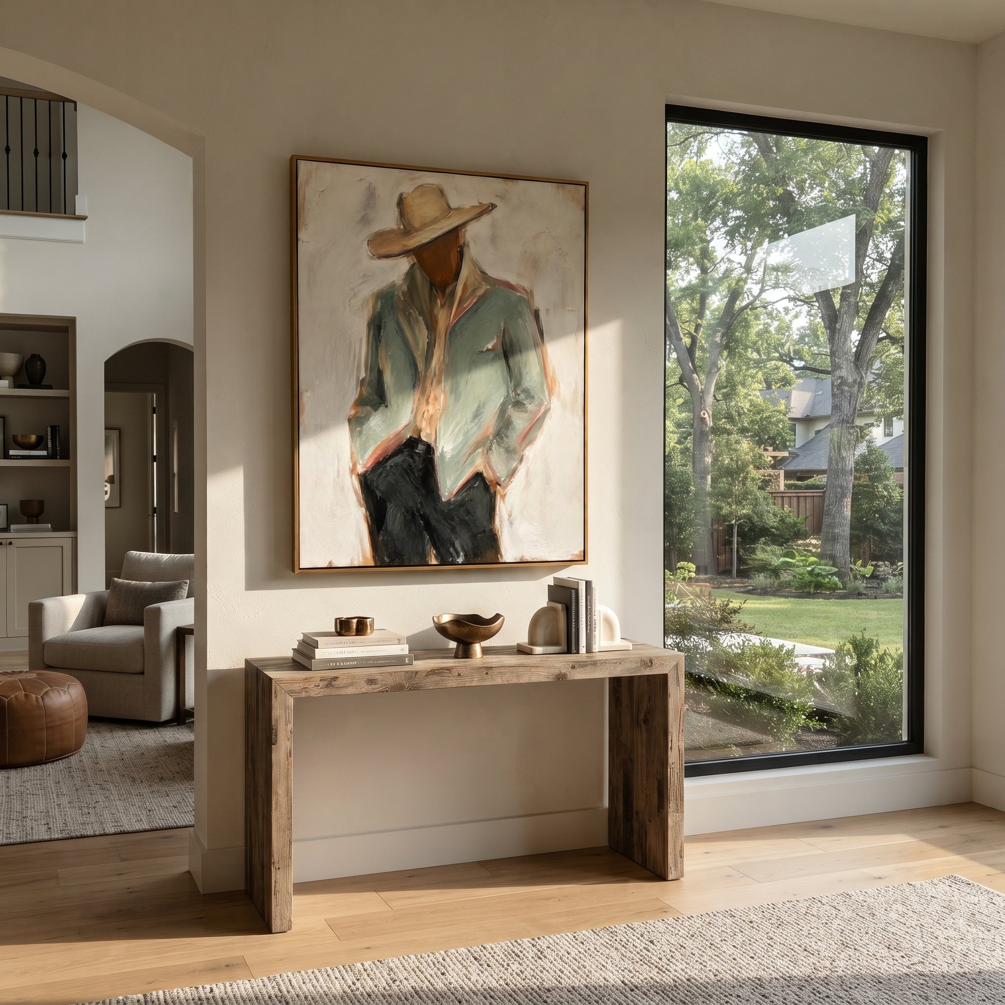 "Back Turn Cowboy Jacket Painting" focuses on atmosphere, surface movement, and sculptural heavy impasto craftsmanship rather than a fixed literal storyline. The composition uses this hand-painted vertical canvas depicts a cowboy from behind, with a pale sage jacket filling the frame beneath a wide beige hat as the visual anchor, while layered palette-knife paint, raised plaster-like texture, and softened brush movement create tactile depth across the canvas. Curated with a balanced green