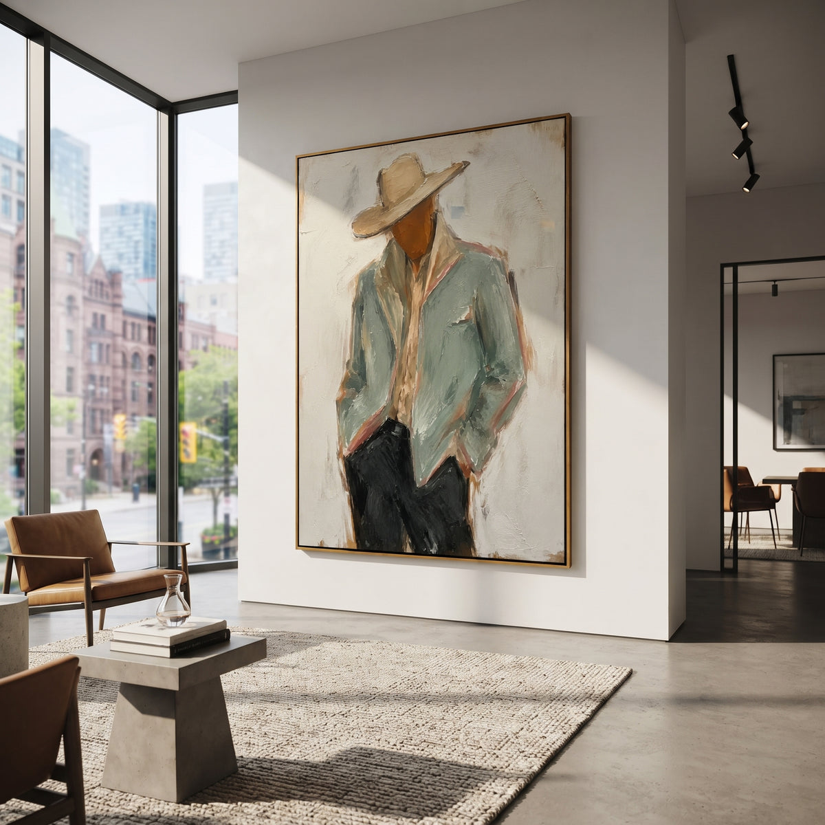"Back Turn Cowboy Jacket Painting" focuses on atmosphere, surface movement, and sculptural heavy impasto craftsmanship rather than a fixed literal storyline. The composition uses this hand-painted vertical canvas depicts a cowboy from behind, with a pale sage jacket filling the frame beneath a wide beige hat as the visual anchor, while layered palette-knife paint, raised plaster-like texture, and softened brush movement create tactile depth across the canvas. Curated with a balanced green