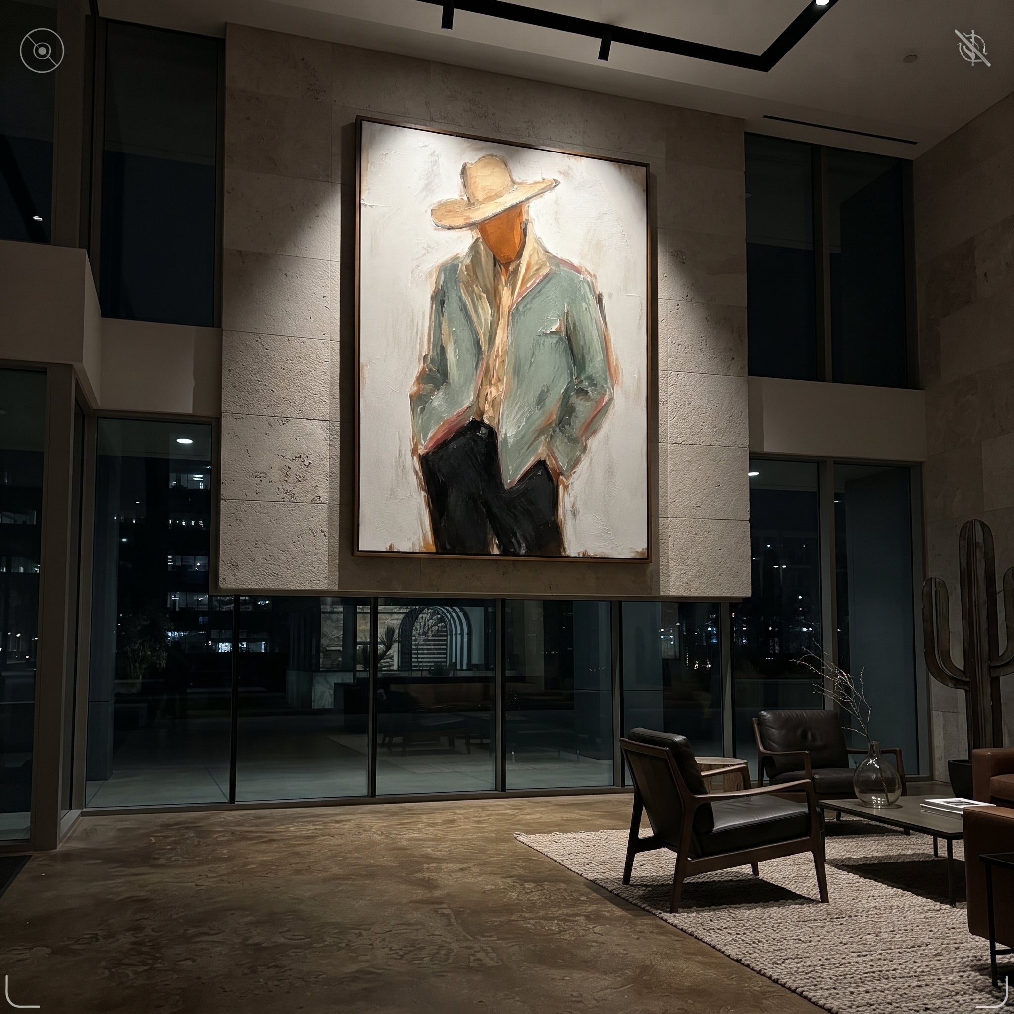 "Back Turn Cowboy Jacket Painting" focuses on atmosphere, surface movement, and sculptural heavy impasto craftsmanship rather than a fixed literal storyline. The composition uses this hand-painted vertical canvas depicts a cowboy from behind, with a pale sage jacket filling the frame beneath a wide beige hat as the visual anchor, while layered palette-knife paint, raised plaster-like texture, and softened brush movement create tactile depth across the canvas. Curated with a balanced green