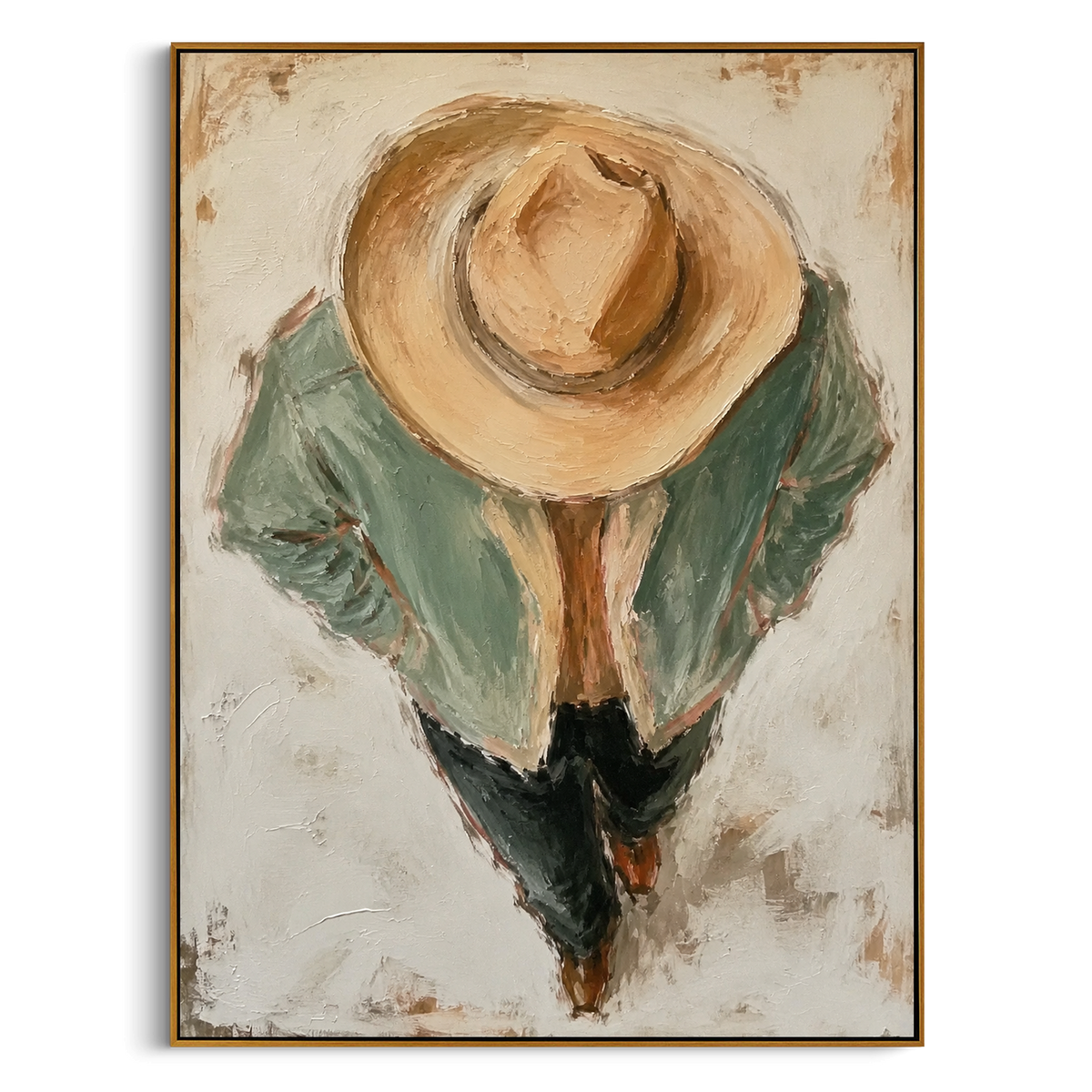 "Top Down Cowboy Hat Painting" focuses on atmosphere, surface movement, and sculptural heavy impasto craftsmanship rather than a fixed literal storyline. The composition uses this hand-painted vertical canvas shows a cowboy from a high viewpoint, the large tan hat dominating the center above a pale sage jacket and dark trousers as the visual anchor, while layered palette-knife paint, raised plaster-like texture, and softened brush movement create tactile depth across the canvas. Curated with a