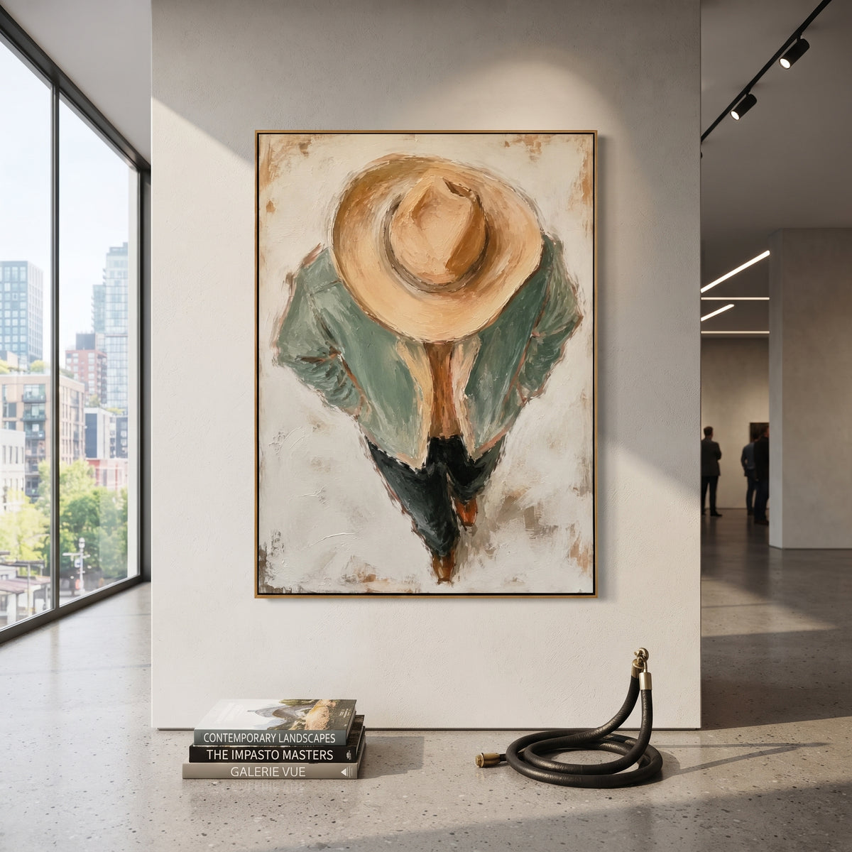 "Top Down Cowboy Hat Painting" focuses on atmosphere, surface movement, and sculptural heavy impasto craftsmanship rather than a fixed literal storyline. The composition uses this hand-painted vertical canvas shows a cowboy from a high viewpoint, the large tan hat dominating the center above a pale sage jacket and dark trousers as the visual anchor, while layered palette-knife paint, raised plaster-like texture, and softened brush movement create tactile depth across the canvas. Curated with a