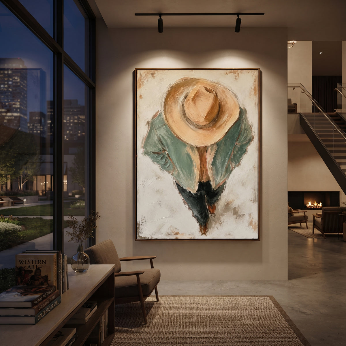 "Top Down Cowboy Hat Painting" focuses on atmosphere, surface movement, and sculptural heavy impasto craftsmanship rather than a fixed literal storyline. The composition uses this hand-painted vertical canvas shows a cowboy from a high viewpoint, the large tan hat dominating the center above a pale sage jacket and dark trousers as the visual anchor, while layered palette-knife paint, raised plaster-like texture, and softened brush movement create tactile depth across the canvas. Curated with a