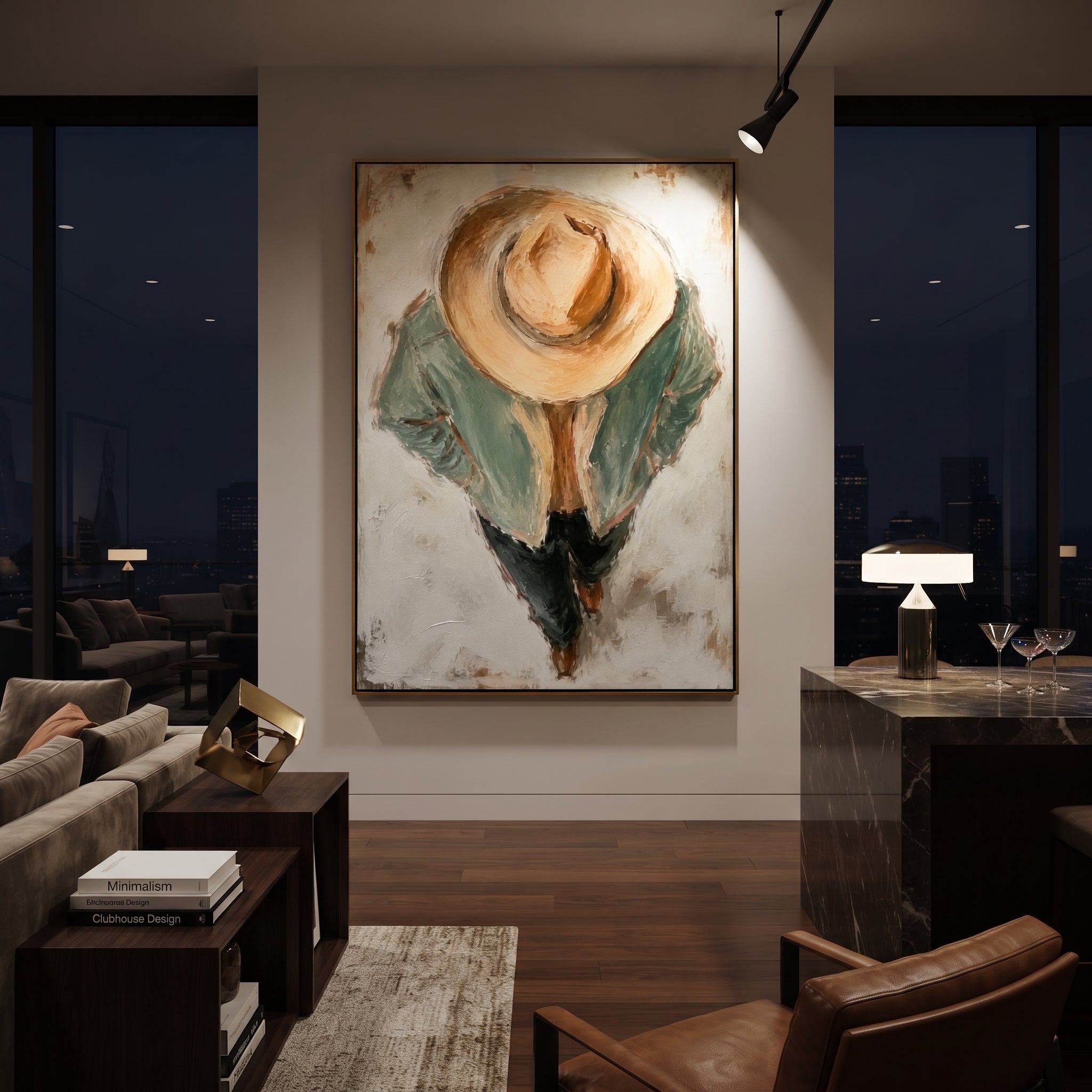 "Top Down Cowboy Hat Painting" focuses on atmosphere, surface movement, and sculptural heavy impasto craftsmanship rather than a fixed literal storyline. The composition uses this hand-painted vertical canvas shows a cowboy from a high viewpoint, the large tan hat dominating the center above a pale sage jacket and dark trousers as the visual anchor, while layered palette-knife paint, raised plaster-like texture, and softened brush movement create tactile depth across the canvas. Curated with a
