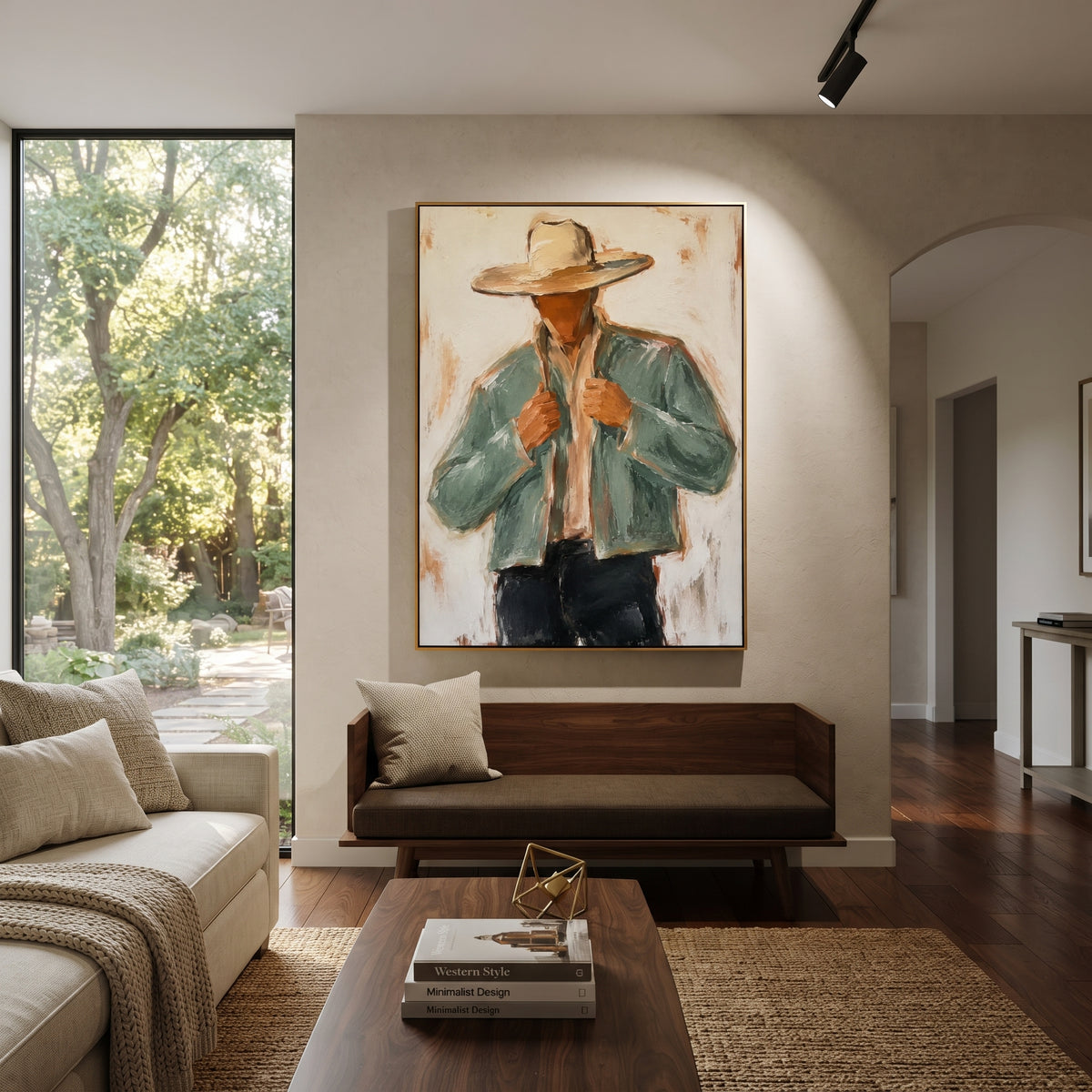 "Jacket Lapel Cowboy Painting" focuses on atmosphere, surface movement, and sculptural heavy impasto craftsmanship rather than a fixed literal storyline. The composition uses this hand-painted vertical canvas features a cowboy pulling both sides of his pale sage jacket beneath a wide beige hat as the visual anchor, while layered palette-knife paint, raised plaster-like texture, and softened brush movement create tactile depth across the canvas. Curated with a balanced green, beige, black