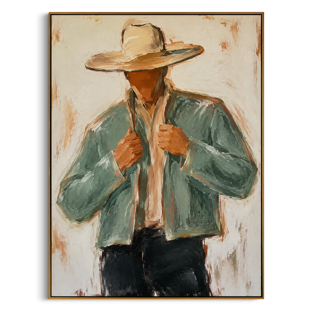 "Jacket Lapel Cowboy Painting" - Modern Heavy Impasto Western Animal Artwork | Green & Beige Palette Knife Painting | Luxury Vertical Wall Art #PT 1516