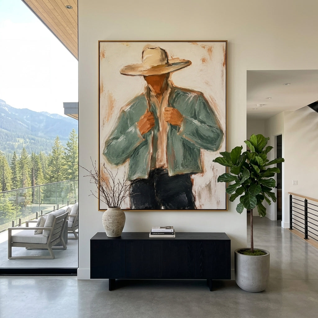 "Jacket Lapel Cowboy Painting" focuses on atmosphere, surface movement, and sculptural heavy impasto craftsmanship rather than a fixed literal storyline. The composition uses this hand-painted vertical canvas features a cowboy pulling both sides of his pale sage jacket beneath a wide beige hat as the visual anchor, while layered palette-knife paint, raised plaster-like texture, and softened brush movement create tactile depth across the canvas. Curated with a balanced green, beige, black