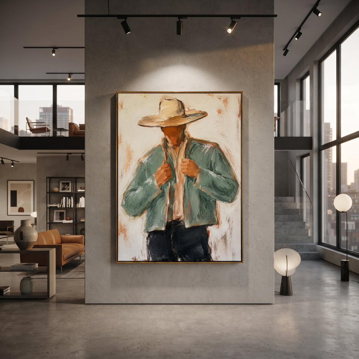 "Jacket Lapel Cowboy Painting" focuses on atmosphere, surface movement, and sculptural heavy impasto craftsmanship rather than a fixed literal storyline. The composition uses this hand-painted vertical canvas features a cowboy pulling both sides of his pale sage jacket beneath a wide beige hat as the visual anchor, while layered palette-knife paint, raised plaster-like texture, and softened brush movement create tactile depth across the canvas. Curated with a balanced green, beige, black