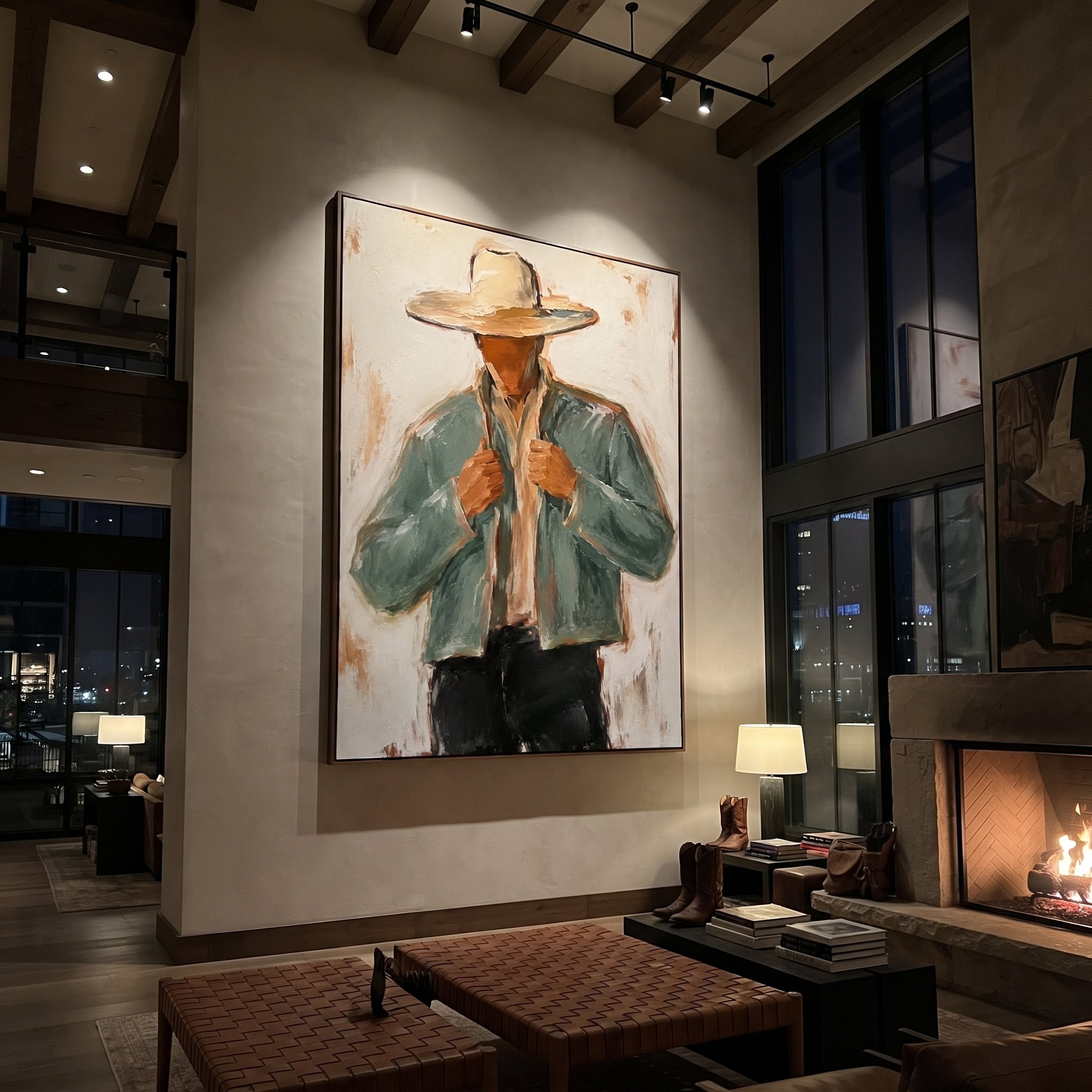 "Jacket Lapel Cowboy Painting" focuses on atmosphere, surface movement, and sculptural heavy impasto craftsmanship rather than a fixed literal storyline. The composition uses this hand-painted vertical canvas features a cowboy pulling both sides of his pale sage jacket beneath a wide beige hat as the visual anchor, while layered palette-knife paint, raised plaster-like texture, and softened brush movement create tactile depth across the canvas. Curated with a balanced green, beige, black