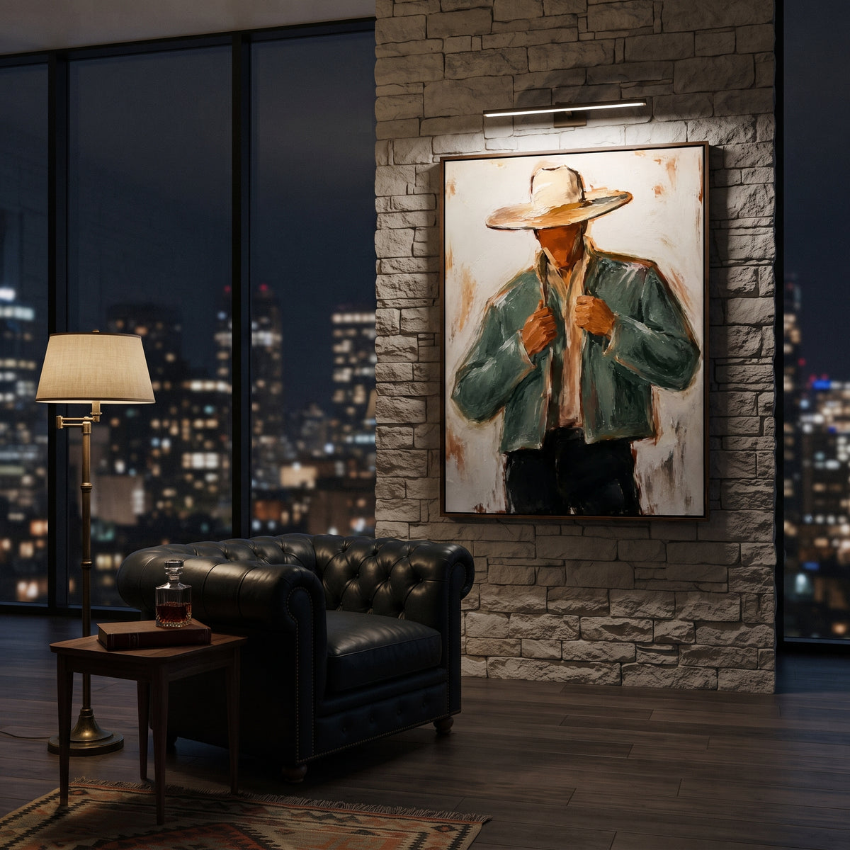 "Jacket Lapel Cowboy Painting" focuses on atmosphere, surface movement, and sculptural heavy impasto craftsmanship rather than a fixed literal storyline. The composition uses this hand-painted vertical canvas features a cowboy pulling both sides of his pale sage jacket beneath a wide beige hat as the visual anchor, while layered palette-knife paint, raised plaster-like texture, and softened brush movement create tactile depth across the canvas. Curated with a balanced green, beige, black