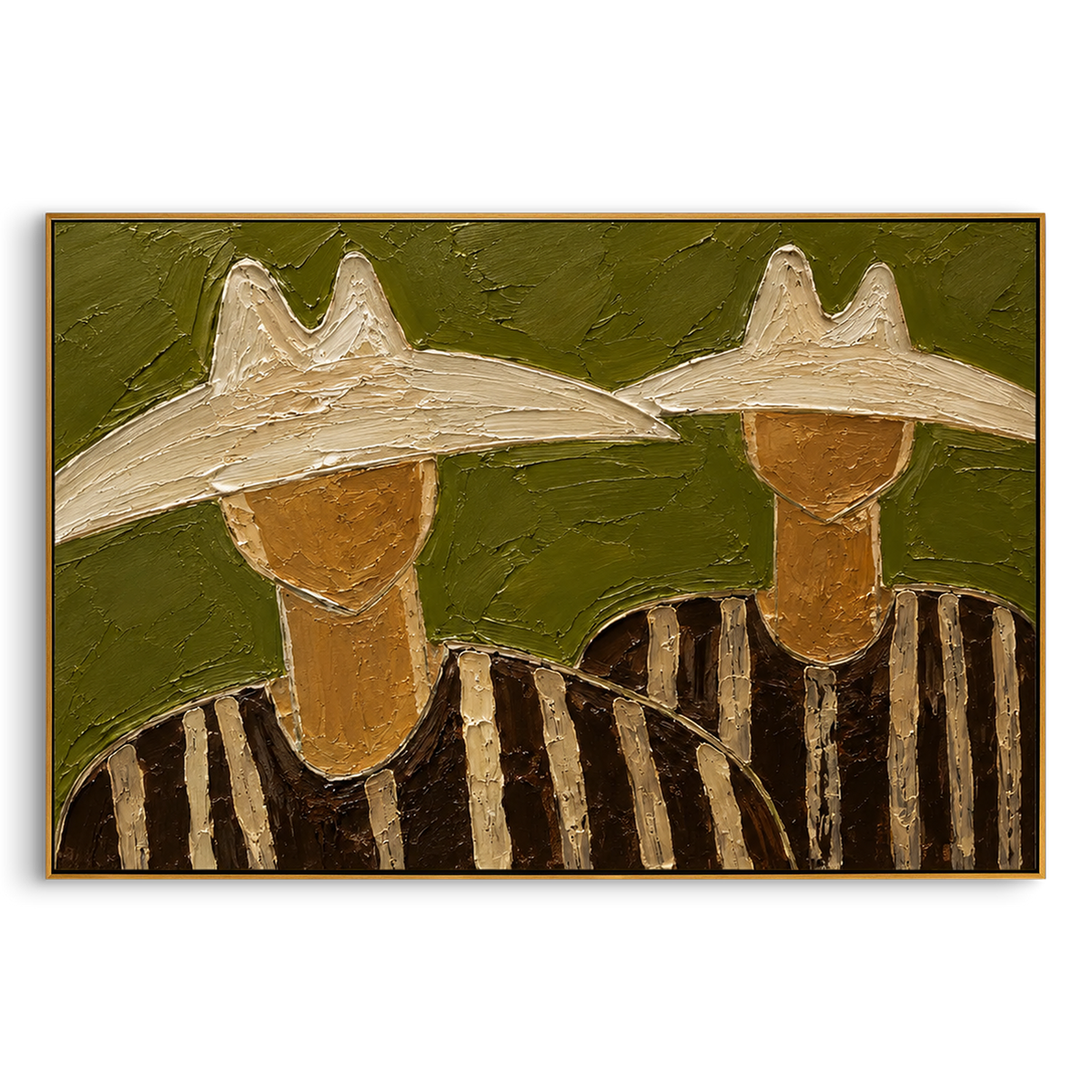 "Two Cowboy Hats Horizontal Painting" - Modern Heavy Impasto Western Animal Artwork | Natural & Beige Palette Knife Painting | Luxury Horizontal Wall Art #PT 1517