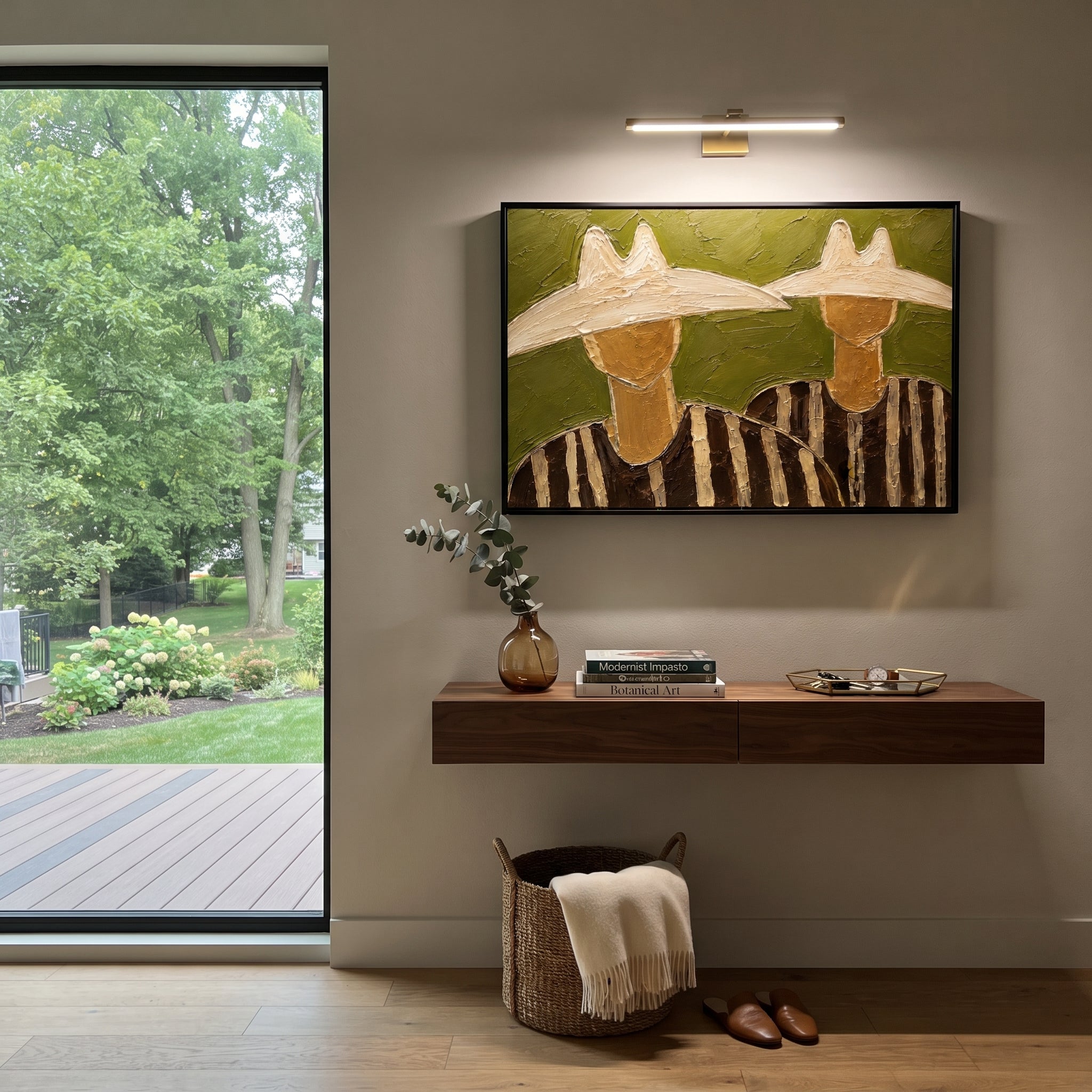 "Two Cowboy Hats Horizontal Painting" focuses on atmosphere, surface movement, and sculptural heavy impasto craftsmanship rather than a fixed literal storyline. The composition uses this hand-painted horizontal canvas shows two cowboy upper bodies under oversized cream hats, set against a muted olive green plaster ground as the visual anchor, while layered palette-knife paint, raised plaster-like texture, and softened brush movement create tactile depth across the canvas. Curated with a balanced