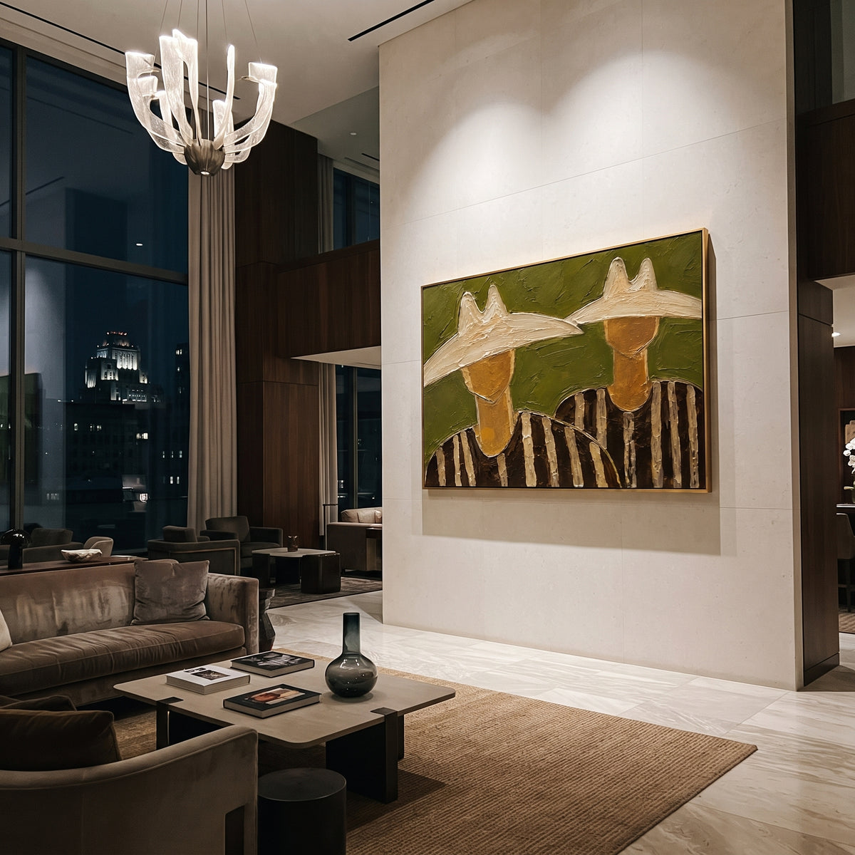 "Two Cowboy Hats Horizontal Painting" focuses on atmosphere, surface movement, and sculptural heavy impasto craftsmanship rather than a fixed literal storyline. The composition uses this hand-painted horizontal canvas shows two cowboy upper bodies under oversized cream hats, set against a muted olive green plaster ground as the visual anchor, while layered palette-knife paint, raised plaster-like texture, and softened brush movement create tactile depth across the canvas. Curated with a balanced