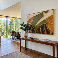 "Close Pair Cowboy Hat Painting" focuses on atmosphere, surface movement, and sculptural heavy impasto craftsmanship rather than a fixed literal storyline. The composition uses this hand-painted horizontal canvas presents a close crop of two cowboys with broad pale hats and partially hidden faces as the visual anchor, while layered palette-knife paint, raised plaster-like texture, and softened brush movement create tactile depth across the canvas. Curated with a balanced green, beige, brown