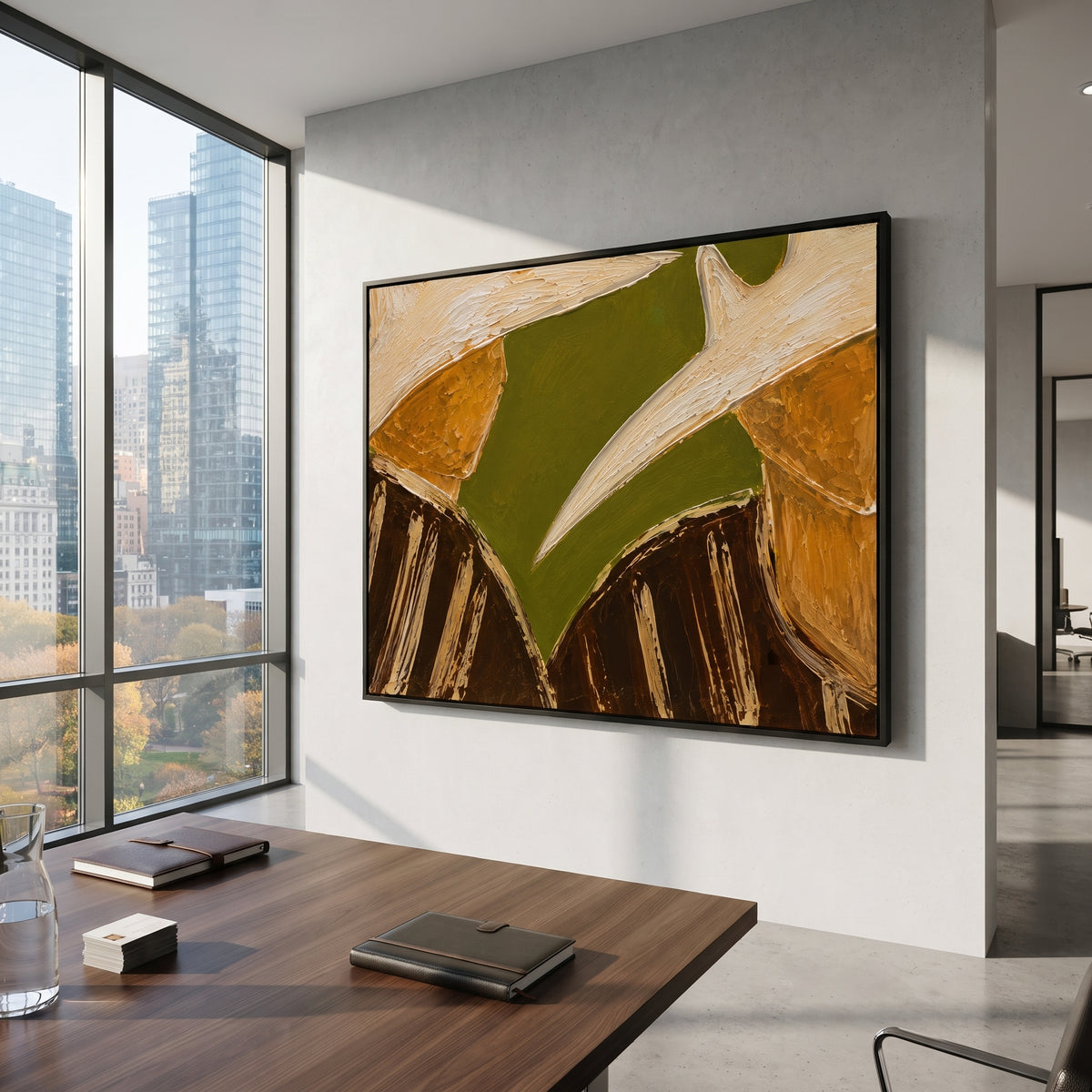 "Close Pair Cowboy Hat Painting" focuses on atmosphere, surface movement, and sculptural heavy impasto craftsmanship rather than a fixed literal storyline. The composition uses this hand-painted horizontal canvas presents a close crop of two cowboys with broad pale hats and partially hidden faces as the visual anchor, while layered palette-knife paint, raised plaster-like texture, and softened brush movement create tactile depth across the canvas. Curated with a balanced green, beige, brown