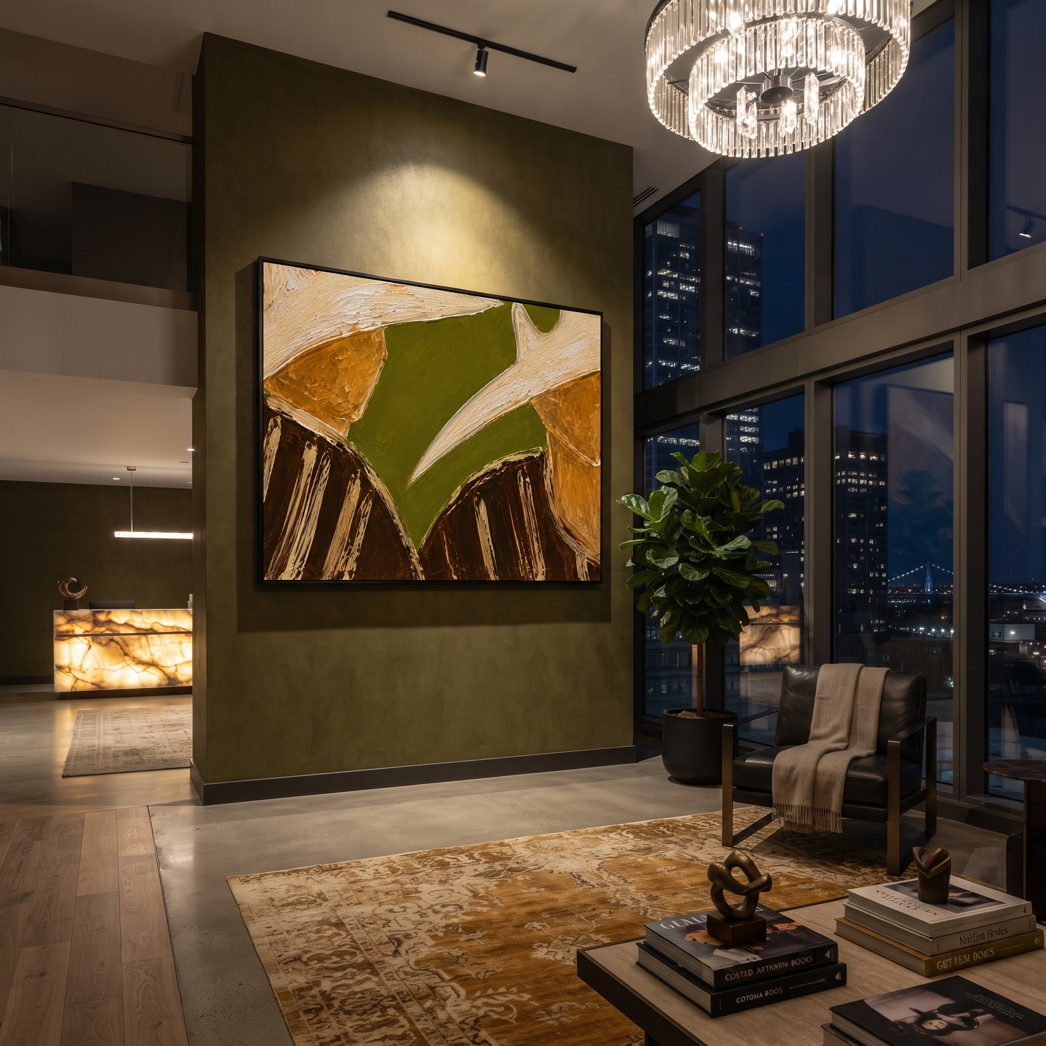 "Close Pair Cowboy Hat Painting" focuses on atmosphere, surface movement, and sculptural heavy impasto craftsmanship rather than a fixed literal storyline. The composition uses this hand-painted horizontal canvas presents a close crop of two cowboys with broad pale hats and partially hidden faces as the visual anchor, while layered palette-knife paint, raised plaster-like texture, and softened brush movement create tactile depth across the canvas. Curated with a balanced green, beige, brown