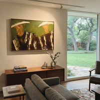 "Lower Crop Western Duo Painting" focuses on atmosphere, surface movement, and sculptural heavy impasto craftsmanship rather than a fixed literal storyline. The composition uses this hand-painted horizontal canvas focuses on two wide cowboy hats at the upper edge and dark brown striped torsos across the bottom as the visual anchor, while layered palette-knife paint, raised plaster-like texture, and softened brush movement create tactile depth across the canvas. Curated with a balanced green