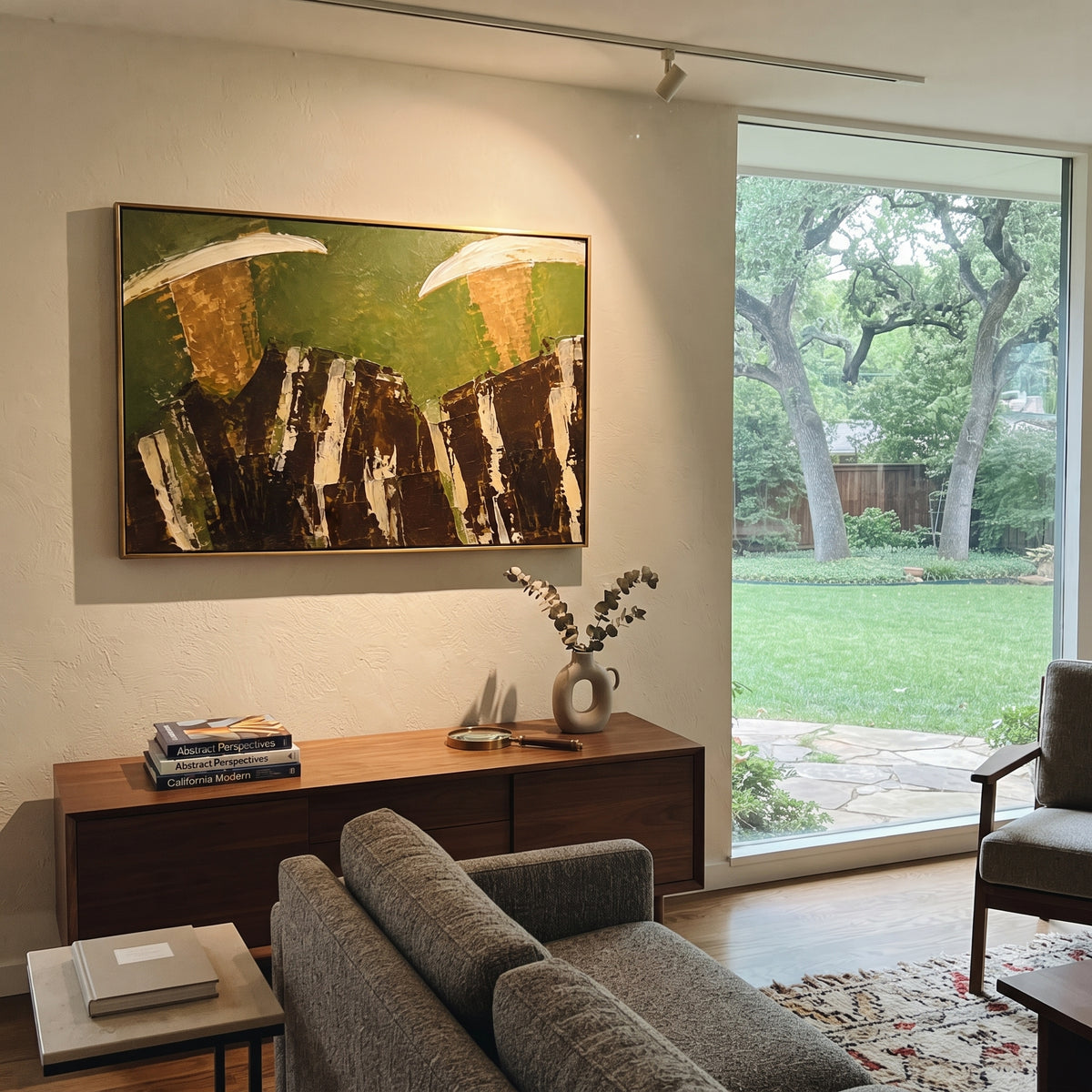 "Lower Crop Western Duo Painting" focuses on atmosphere, surface movement, and sculptural heavy impasto craftsmanship rather than a fixed literal storyline. The composition uses this hand-painted horizontal canvas focuses on two wide cowboy hats at the upper edge and dark brown striped torsos across the bottom as the visual anchor, while layered palette-knife paint, raised plaster-like texture, and softened brush movement create tactile depth across the canvas. Curated with a balanced green