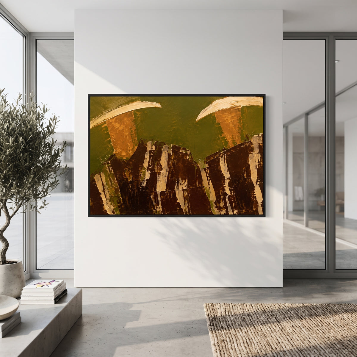 "Lower Crop Western Duo Painting" focuses on atmosphere, surface movement, and sculptural heavy impasto craftsmanship rather than a fixed literal storyline. The composition uses this hand-painted horizontal canvas focuses on two wide cowboy hats at the upper edge and dark brown striped torsos across the bottom as the visual anchor, while layered palette-knife paint, raised plaster-like texture, and softened brush movement create tactile depth across the canvas. Curated with a balanced green