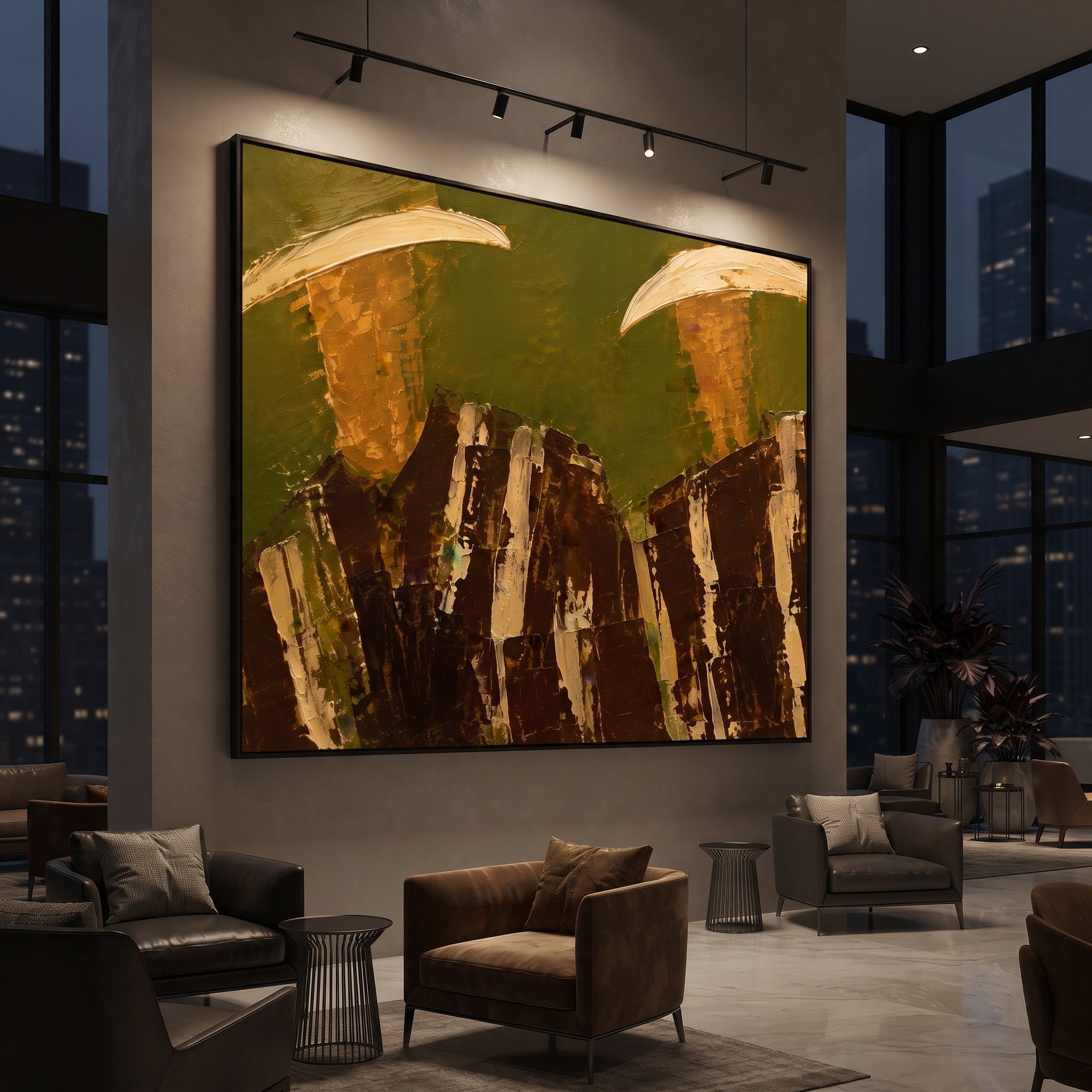 "Lower Crop Western Duo Painting" focuses on atmosphere, surface movement, and sculptural heavy impasto craftsmanship rather than a fixed literal storyline. The composition uses this hand-painted horizontal canvas focuses on two wide cowboy hats at the upper edge and dark brown striped torsos across the bottom as the visual anchor, while layered palette-knife paint, raised plaster-like texture, and softened brush movement create tactile depth across the canvas. Curated with a balanced green