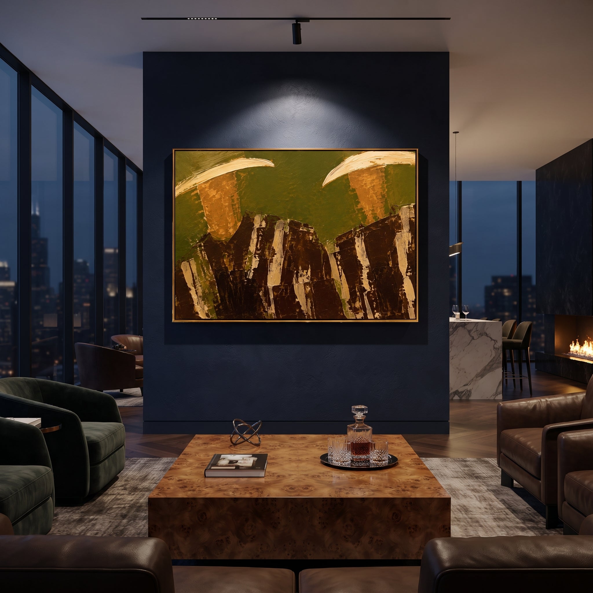 "Lower Crop Western Duo Painting" focuses on atmosphere, surface movement, and sculptural heavy impasto craftsmanship rather than a fixed literal storyline. The composition uses this hand-painted horizontal canvas focuses on two wide cowboy hats at the upper edge and dark brown striped torsos across the bottom as the visual anchor, while layered palette-knife paint, raised plaster-like texture, and softened brush movement create tactile depth across the canvas. Curated with a balanced green