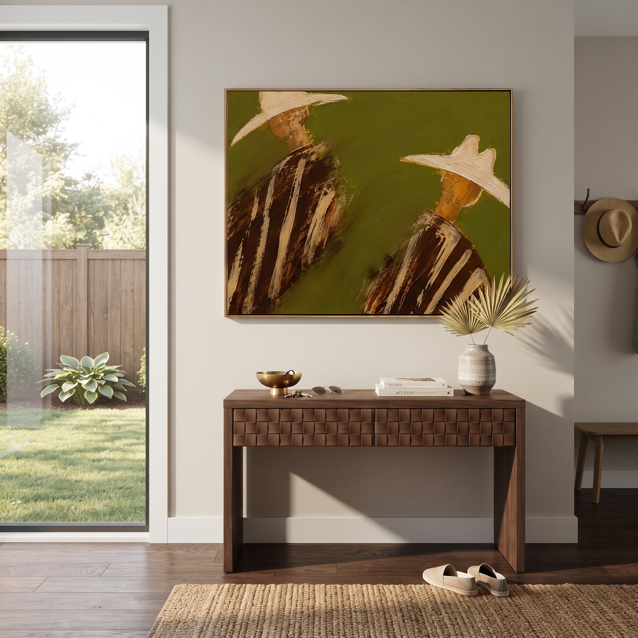 "Angled Two Cowboy Portrait Painting" focuses on atmosphere, surface movement, and sculptural heavy impasto craftsmanship rather than a fixed literal storyline. The composition uses this hand-painted horizontal canvas depicts two cowboys angled apart beneath oversized cream hats, wearing brown striped western garments on an olive green plaster background as the visual anchor, while layered palette-knife paint, raised plaster-like texture, and softened brush movement create tactile depth across