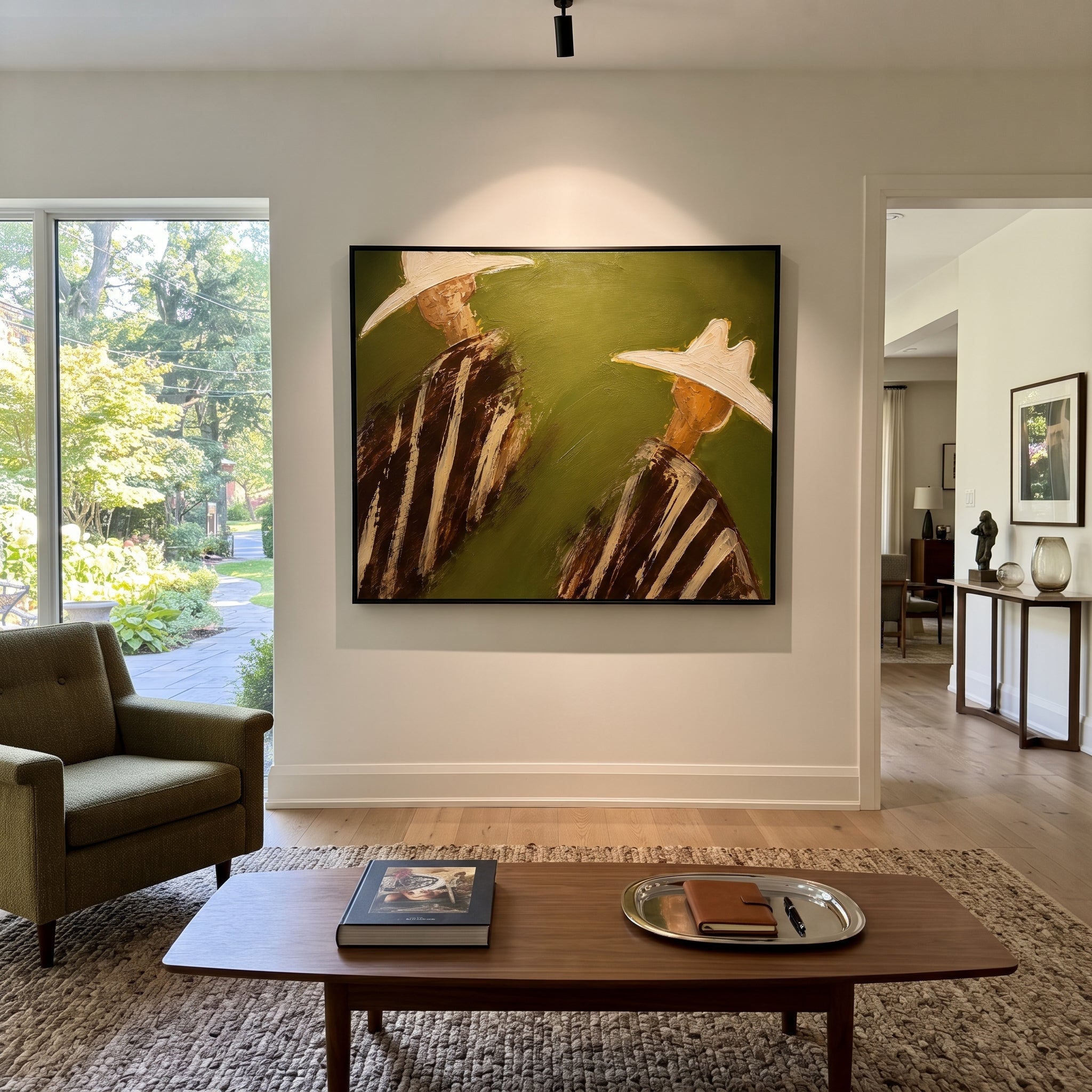 "Angled Two Cowboy Portrait Painting" focuses on atmosphere, surface movement, and sculptural heavy impasto craftsmanship rather than a fixed literal storyline. The composition uses this hand-painted horizontal canvas depicts two cowboys angled apart beneath oversized cream hats, wearing brown striped western garments on an olive green plaster background as the visual anchor, while layered palette-knife paint, raised plaster-like texture, and softened brush movement create tactile depth across
