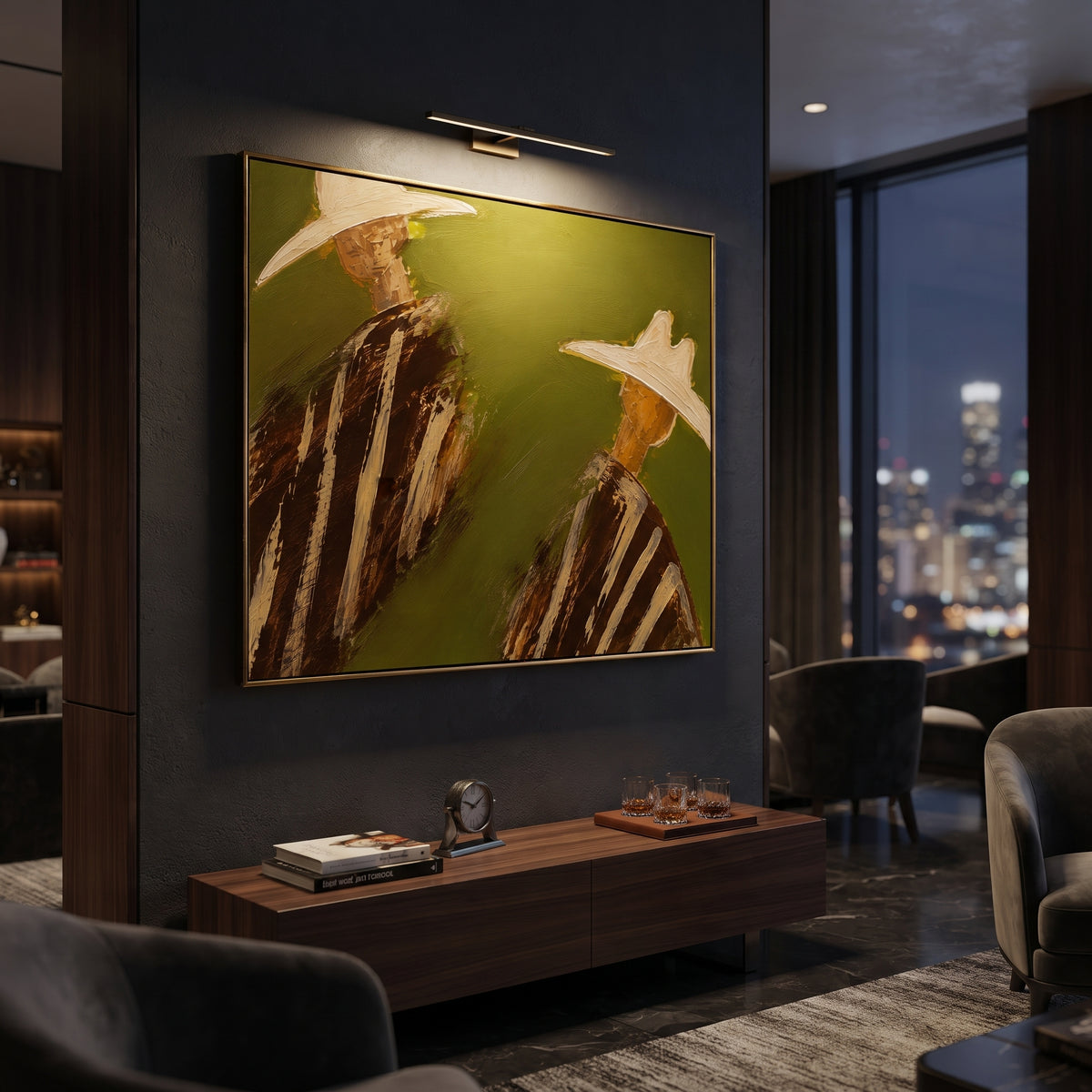 "Angled Two Cowboy Portrait Painting" focuses on atmosphere, surface movement, and sculptural heavy impasto craftsmanship rather than a fixed literal storyline. The composition uses this hand-painted horizontal canvas depicts two cowboys angled apart beneath oversized cream hats, wearing brown striped western garments on an olive green plaster background as the visual anchor, while layered palette-knife paint, raised plaster-like texture, and softened brush movement create tactile depth across