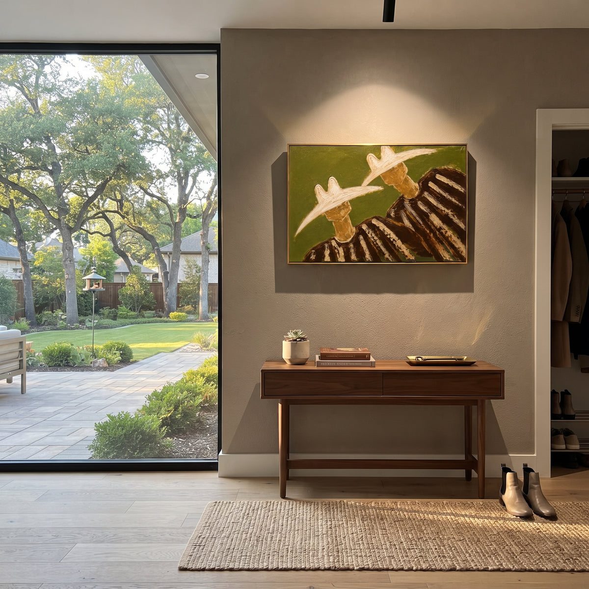 "Side By Side Cowboy Duo Painting" focuses on atmosphere, surface movement, and sculptural heavy impasto craftsmanship rather than a fixed literal storyline. The composition uses this hand-painted horizontal canvas shows two cowboys standing side by side with large pale hats, dark shadowed faces, and brown striped garments as the visual anchor, while layered palette-knife paint, raised plaster-like texture, and softened brush movement create tactile depth across the canvas. Curated with a