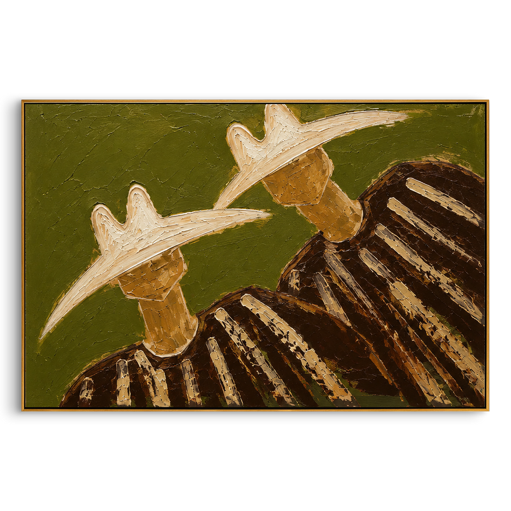 "Side By Side Cowboy Duo Painting" focuses on atmosphere, surface movement, and sculptural heavy impasto craftsmanship rather than a fixed literal storyline. The composition uses this hand-painted horizontal canvas shows two cowboys standing side by side with large pale hats, dark shadowed faces, and brown striped garments as the visual anchor, while layered palette-knife paint, raised plaster-like texture, and softened brush movement create tactile depth across the canvas. Curated with a