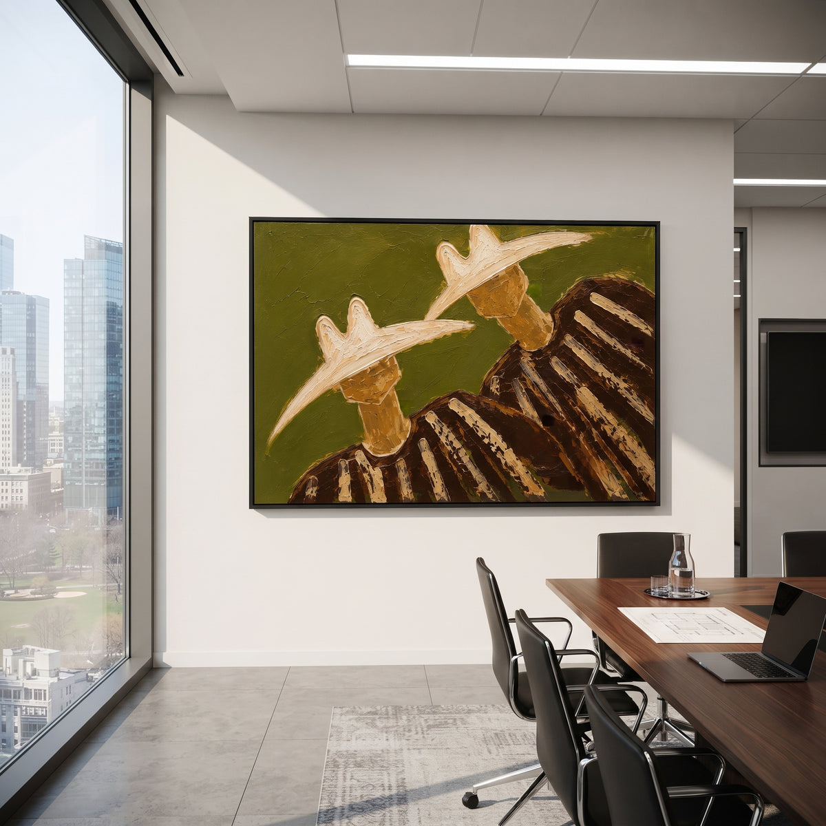 "Side By Side Cowboy Duo Painting" focuses on atmosphere, surface movement, and sculptural heavy impasto craftsmanship rather than a fixed literal storyline. The composition uses this hand-painted horizontal canvas shows two cowboys standing side by side with large pale hats, dark shadowed faces, and brown striped garments as the visual anchor, while layered palette-knife paint, raised plaster-like texture, and softened brush movement create tactile depth across the canvas. Curated with a
