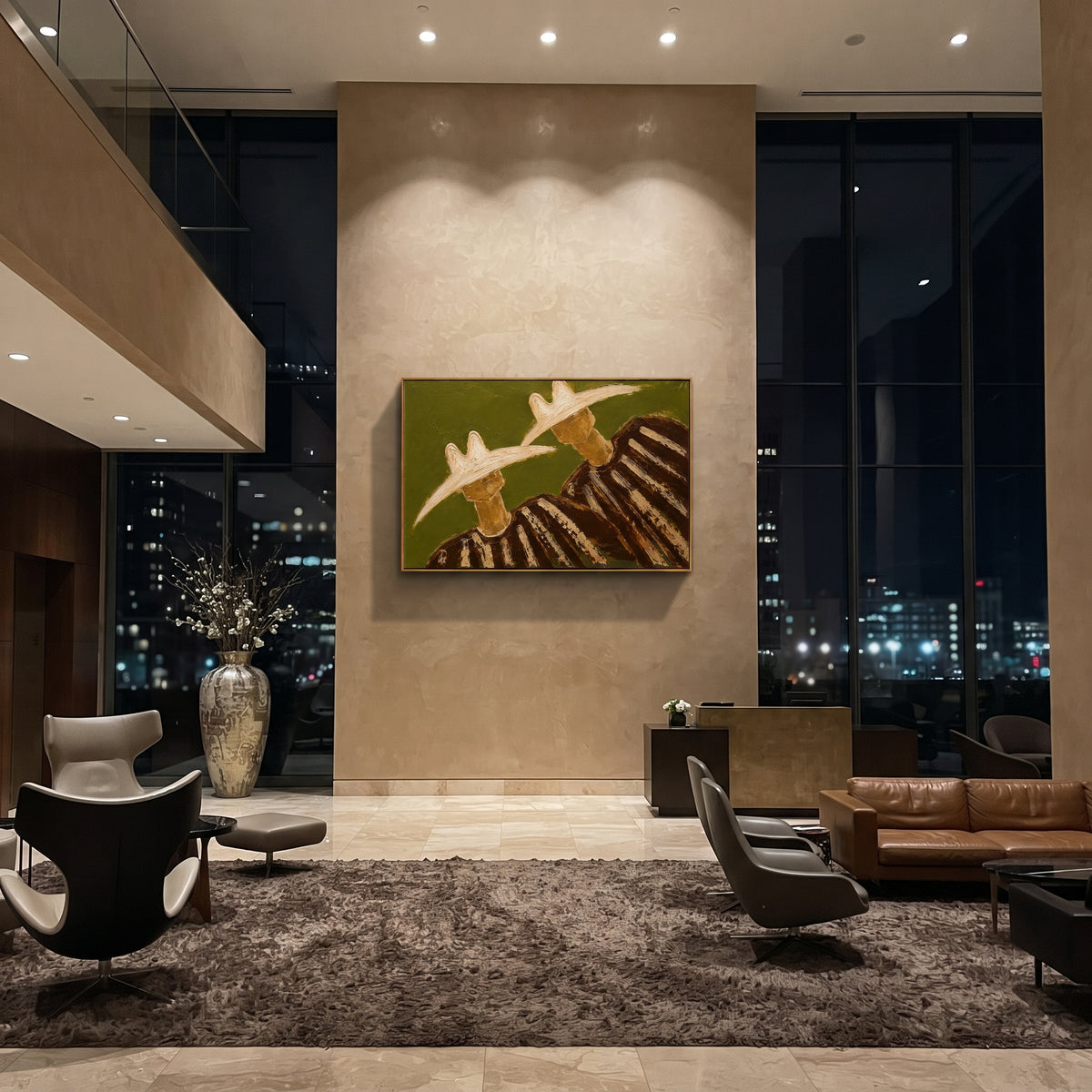 "Side By Side Cowboy Duo Painting" focuses on atmosphere, surface movement, and sculptural heavy impasto craftsmanship rather than a fixed literal storyline. The composition uses this hand-painted horizontal canvas shows two cowboys standing side by side with large pale hats, dark shadowed faces, and brown striped garments as the visual anchor, while layered palette-knife paint, raised plaster-like texture, and softened brush movement create tactile depth across the canvas. Curated with a