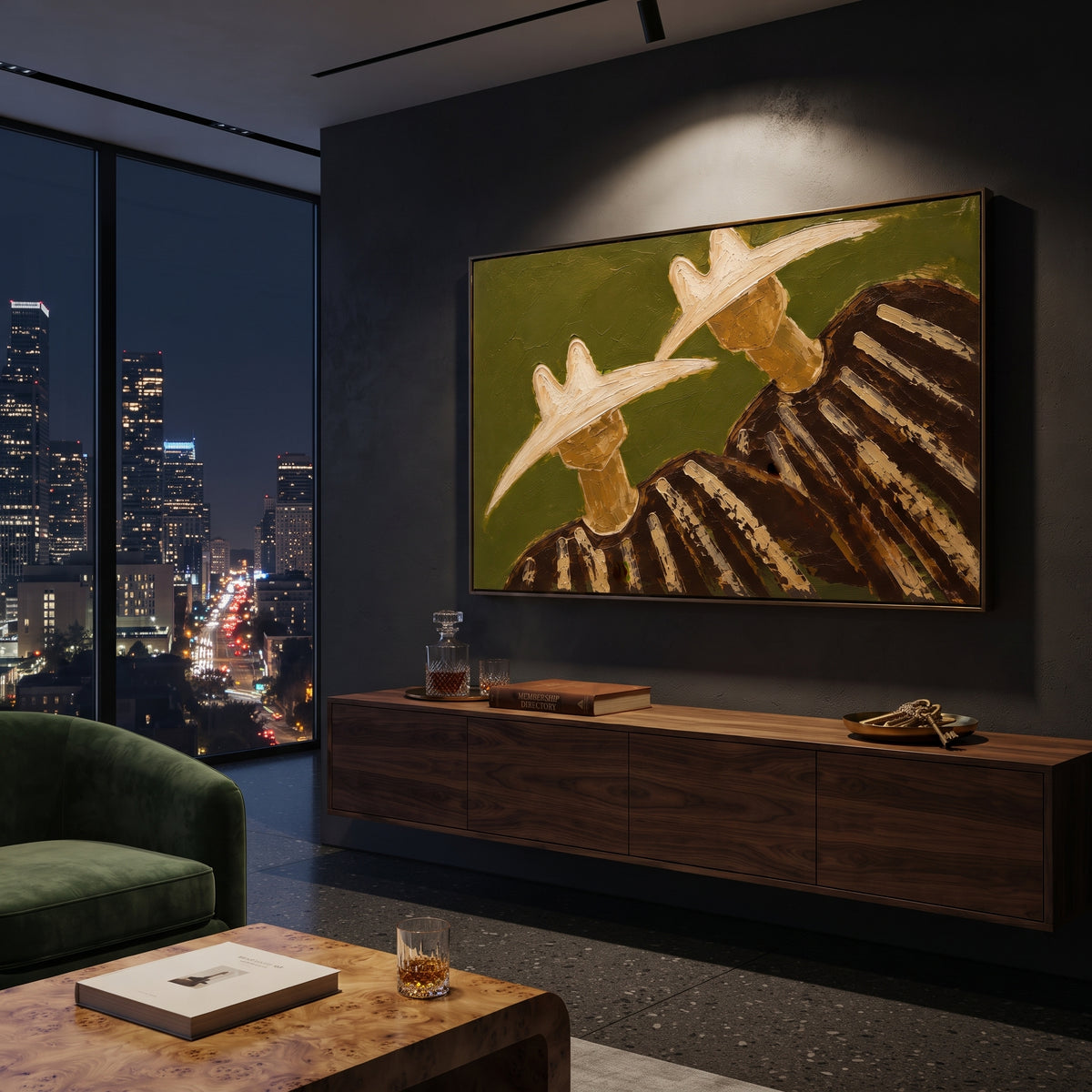 "Side By Side Cowboy Duo Painting" focuses on atmosphere, surface movement, and sculptural heavy impasto craftsmanship rather than a fixed literal storyline. The composition uses this hand-painted horizontal canvas shows two cowboys standing side by side with large pale hats, dark shadowed faces, and brown striped garments as the visual anchor, while layered palette-knife paint, raised plaster-like texture, and softened brush movement create tactile depth across the canvas. Curated with a