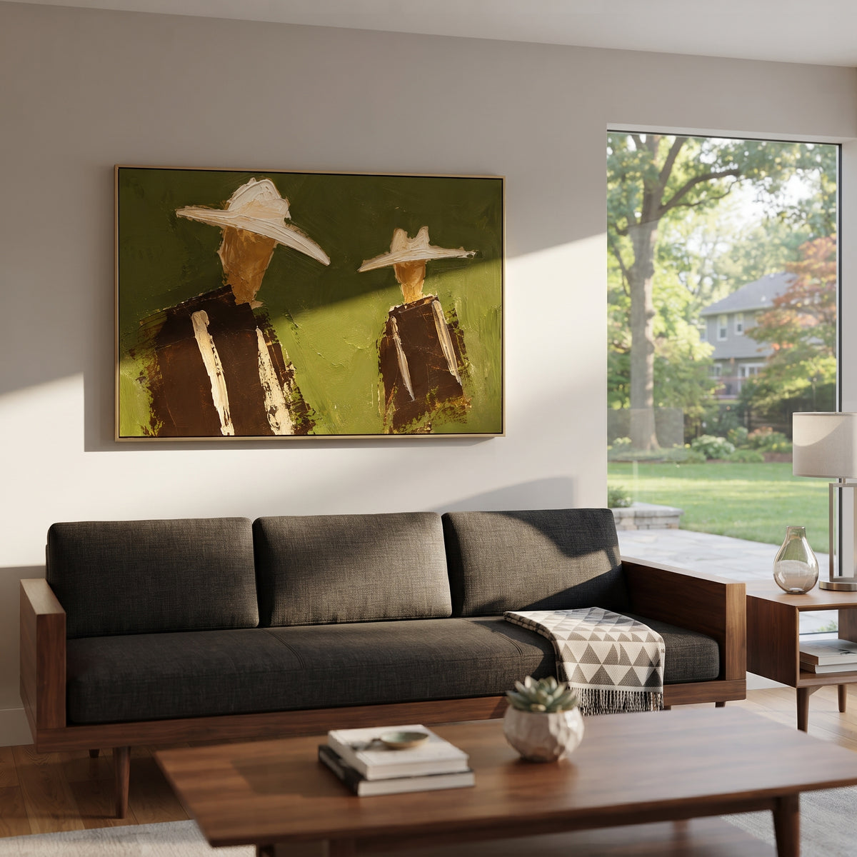 "Separated Cowboy Duo Painting" focuses on atmosphere, surface movement, and sculptural heavy impasto craftsmanship rather than a fixed literal storyline. The composition uses this hand-painted horizontal canvas places two cowboys apart on an olive green plaster field, each wearing a broad cream hat and dark brown western jacket as the visual anchor, while layered palette-knife paint, raised plaster-like texture, and softened brush movement create tactile depth across the canvas. Curated with a