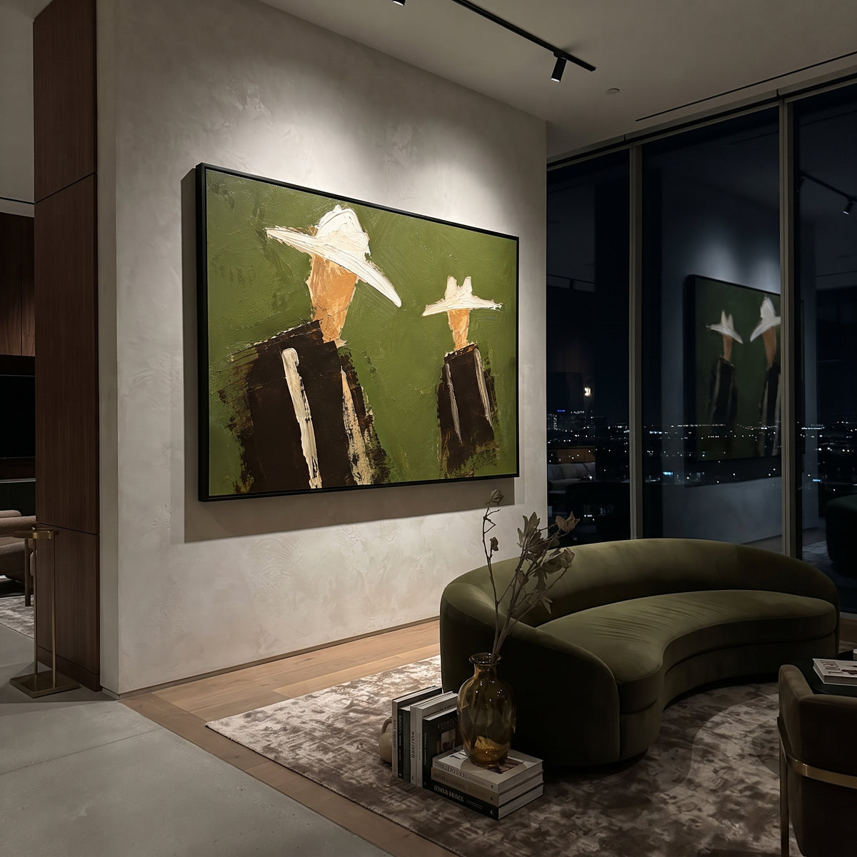 "Separated Cowboy Duo Painting" focuses on atmosphere, surface movement, and sculptural heavy impasto craftsmanship rather than a fixed literal storyline. The composition uses this hand-painted horizontal canvas places two cowboys apart on an olive green plaster field, each wearing a broad cream hat and dark brown western jacket as the visual anchor, while layered palette-knife paint, raised plaster-like texture, and softened brush movement create tactile depth across the canvas. Curated with a