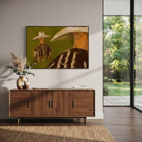 "Near Far Cowboy Pair Painting" focuses on atmosphere, surface movement, and sculptural heavy impasto craftsmanship rather than a fixed literal storyline. The composition uses this hand-painted horizontal canvas contrasts a close cropped cowboy at right with a smaller full figure at left, both under pale western hats as the visual anchor, while layered palette-knife paint, raised plaster-like texture, and softened brush movement create tactile depth across the canvas. Curated with a balanced
