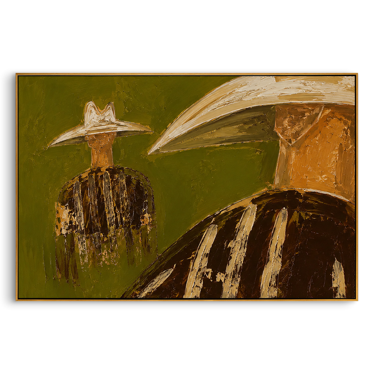 "Near Far Cowboy Pair Painting" focuses on atmosphere, surface movement, and sculptural heavy impasto craftsmanship rather than a fixed literal storyline. The composition uses this hand-painted horizontal canvas contrasts a close cropped cowboy at right with a smaller full figure at left, both under pale western hats as the visual anchor, while layered palette-knife paint, raised plaster-like texture, and softened brush movement create tactile depth across the canvas. Curated with a balanced