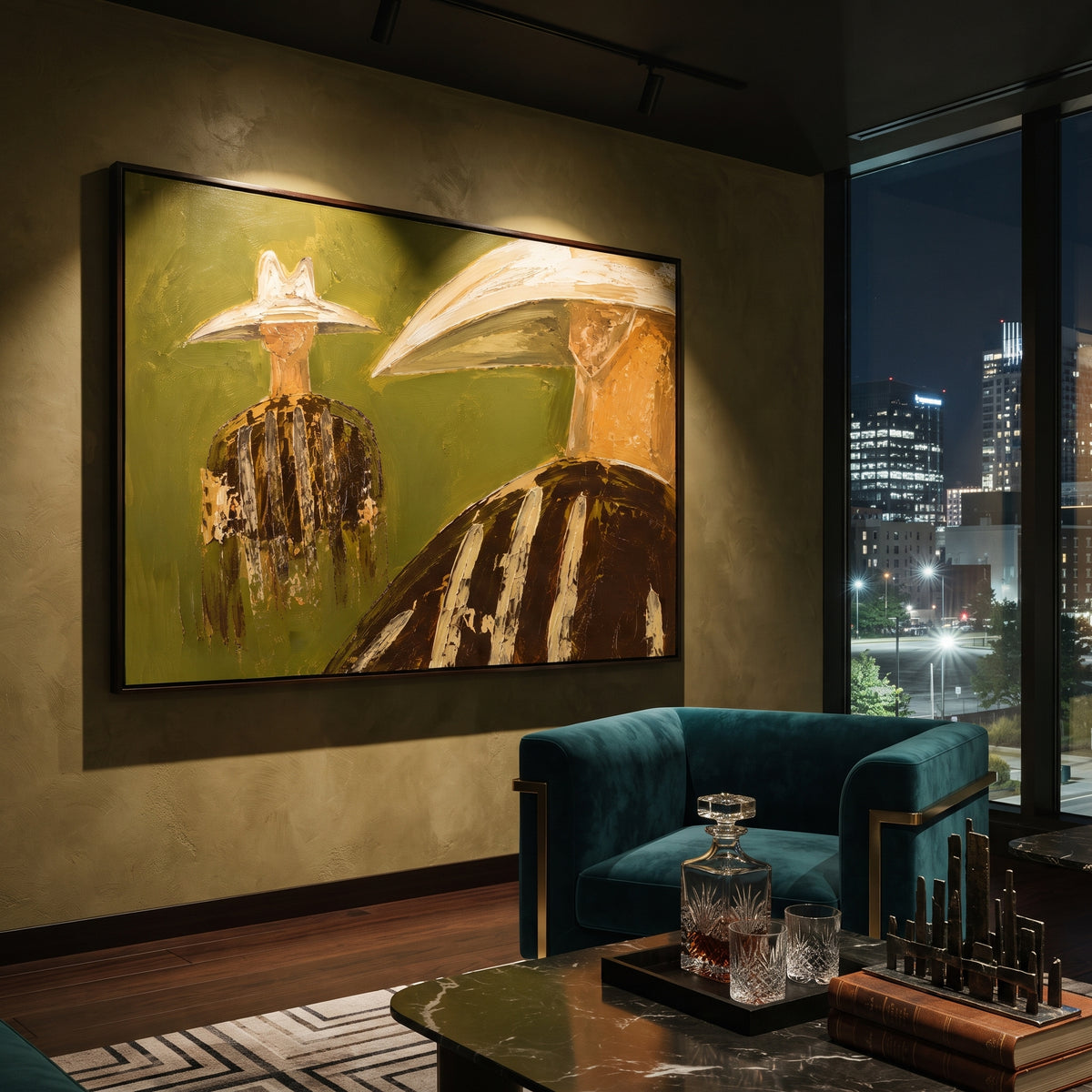 "Near Far Cowboy Pair Painting" focuses on atmosphere, surface movement, and sculptural heavy impasto craftsmanship rather than a fixed literal storyline. The composition uses this hand-painted horizontal canvas contrasts a close cropped cowboy at right with a smaller full figure at left, both under pale western hats as the visual anchor, while layered palette-knife paint, raised plaster-like texture, and softened brush movement create tactile depth across the canvas. Curated with a balanced