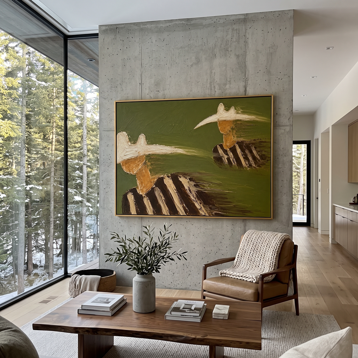 "Staggered Cowboy Hats Painting" focuses on atmosphere, surface movement, and sculptural heavy impasto craftsmanship rather than a fixed literal storyline. The composition uses this hand-painted horizontal canvas shows two cowboy figures staggered across a muted green background, one cropped large at the lower left and one smaller at the upper right as the visual anchor, while layered palette-knife paint, raised plaster-like texture, and softened brush movement create tactile depth across the