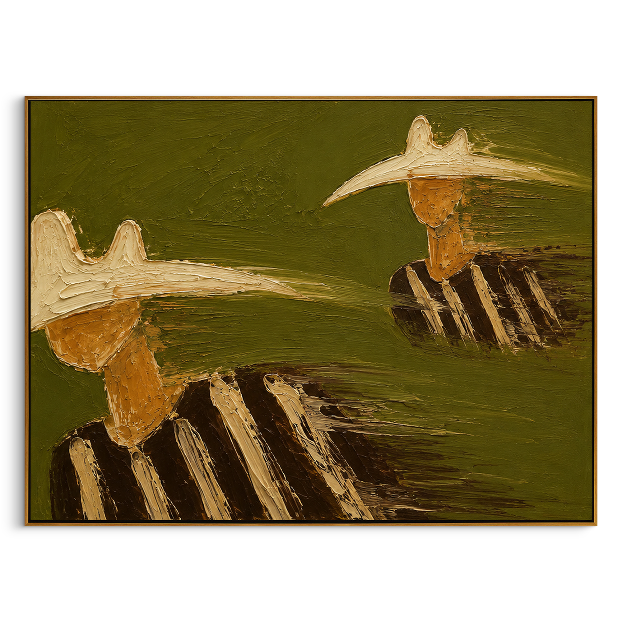 "Staggered Cowboy Hats Painting" focuses on atmosphere, surface movement, and sculptural heavy impasto craftsmanship rather than a fixed literal storyline. The composition uses this hand-painted horizontal canvas shows two cowboy figures staggered across a muted green background, one cropped large at the lower left and one smaller at the upper right as the visual anchor, while layered palette-knife paint, raised plaster-like texture, and softened brush movement create tactile depth across the