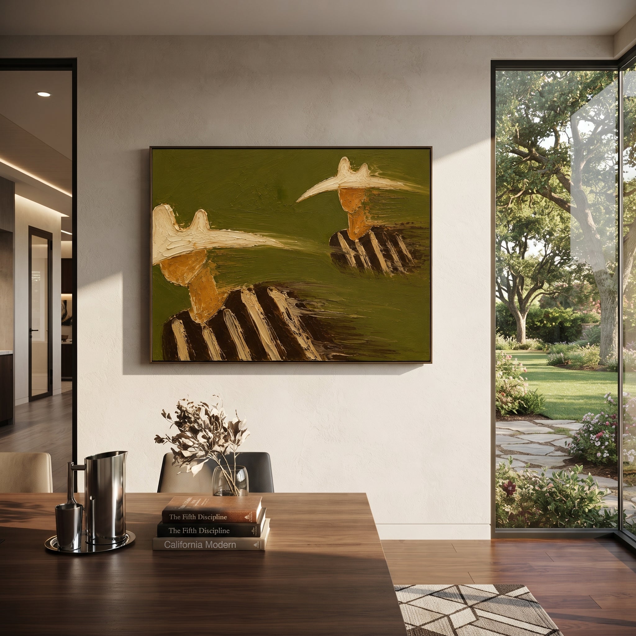 "Staggered Cowboy Hats Painting" focuses on atmosphere, surface movement, and sculptural heavy impasto craftsmanship rather than a fixed literal storyline. The composition uses this hand-painted horizontal canvas shows two cowboy figures staggered across a muted green background, one cropped large at the lower left and one smaller at the upper right as the visual anchor, while layered palette-knife paint, raised plaster-like texture, and softened brush movement create tactile depth across the