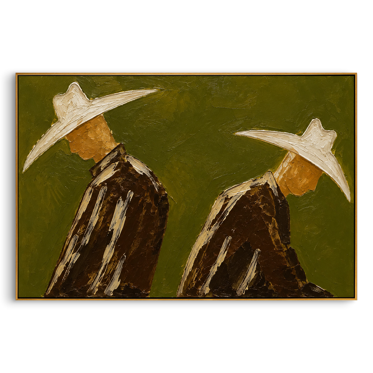 "Back Facing Cowboy Duo Painting" focuses on atmosphere, surface movement, and sculptural heavy impasto craftsmanship rather than a fixed literal storyline. The composition uses this hand-painted horizontal canvas depicts two cowboys seen from behind or in profile, their oversized cream hats cutting across an olive green textured field as the visual anchor, while layered palette-knife paint, raised plaster-like texture, and softened brush movement create tactile depth across the canvas. Curated