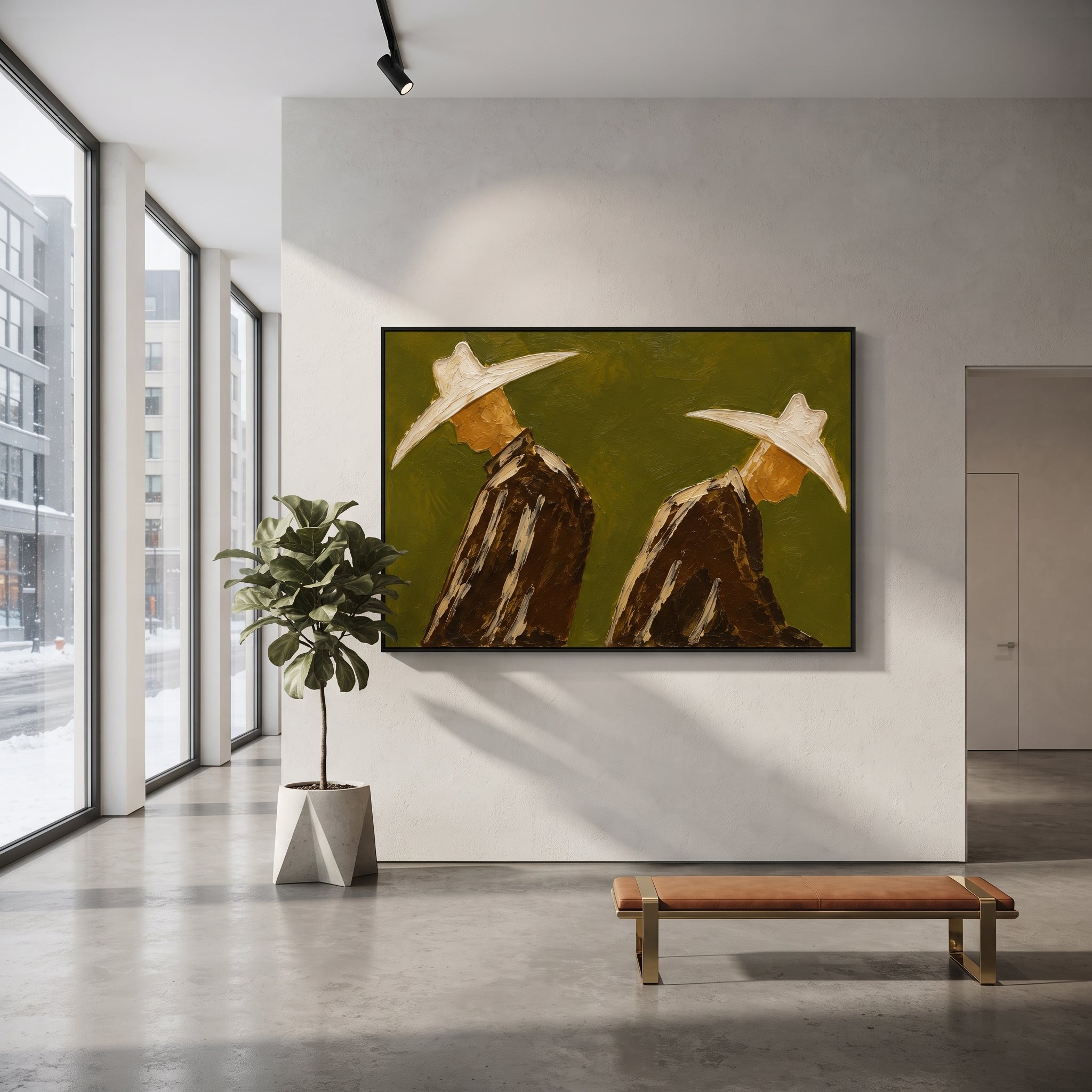 "Back Facing Cowboy Duo Painting" focuses on atmosphere, surface movement, and sculptural heavy impasto craftsmanship rather than a fixed literal storyline. The composition uses this hand-painted horizontal canvas depicts two cowboys seen from behind or in profile, their oversized cream hats cutting across an olive green textured field as the visual anchor, while layered palette-knife paint, raised plaster-like texture, and softened brush movement create tactile depth across the canvas. Curated