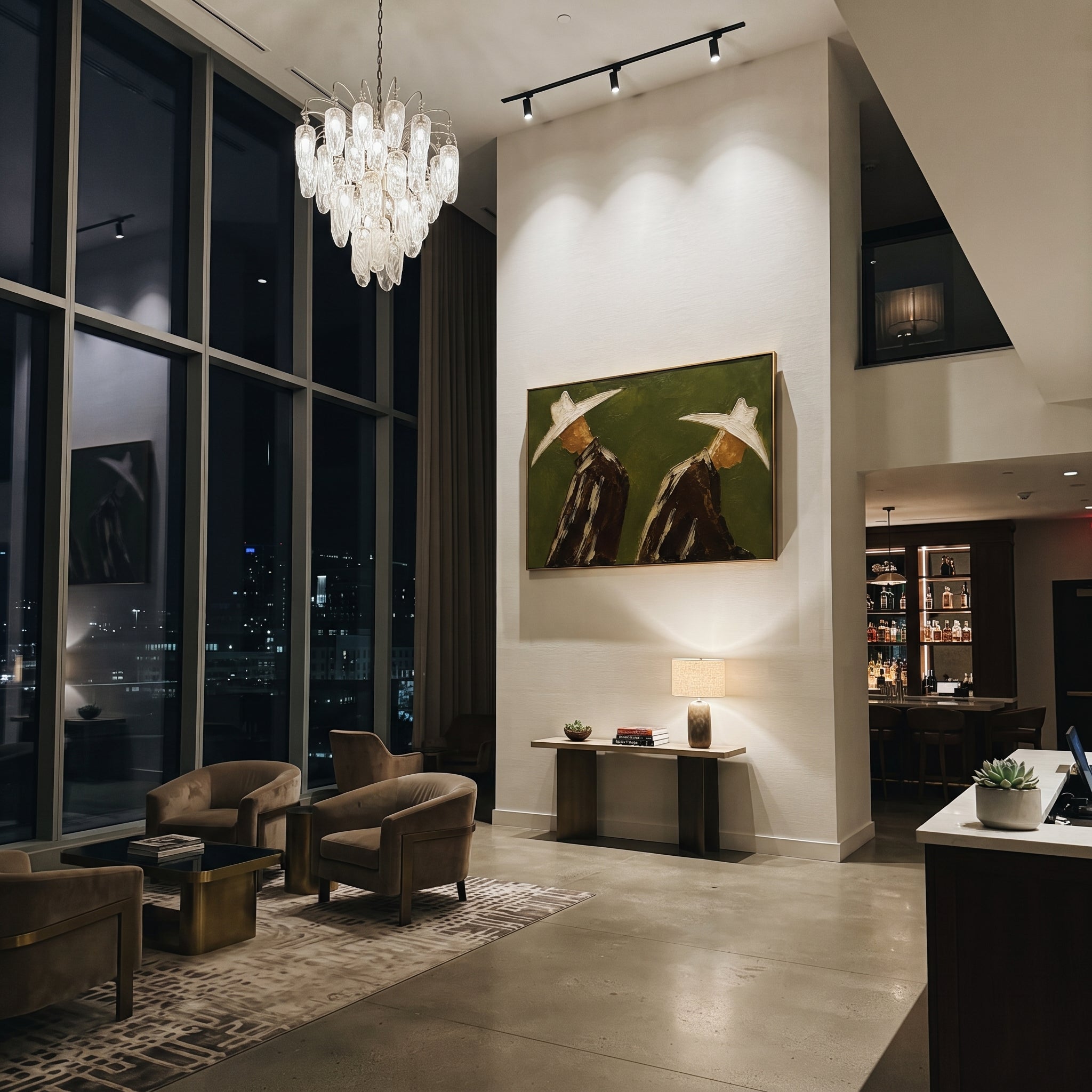 "Back Facing Cowboy Duo Painting" focuses on atmosphere, surface movement, and sculptural heavy impasto craftsmanship rather than a fixed literal storyline. The composition uses this hand-painted horizontal canvas depicts two cowboys seen from behind or in profile, their oversized cream hats cutting across an olive green textured field as the visual anchor, while layered palette-knife paint, raised plaster-like texture, and softened brush movement create tactile depth across the canvas. Curated