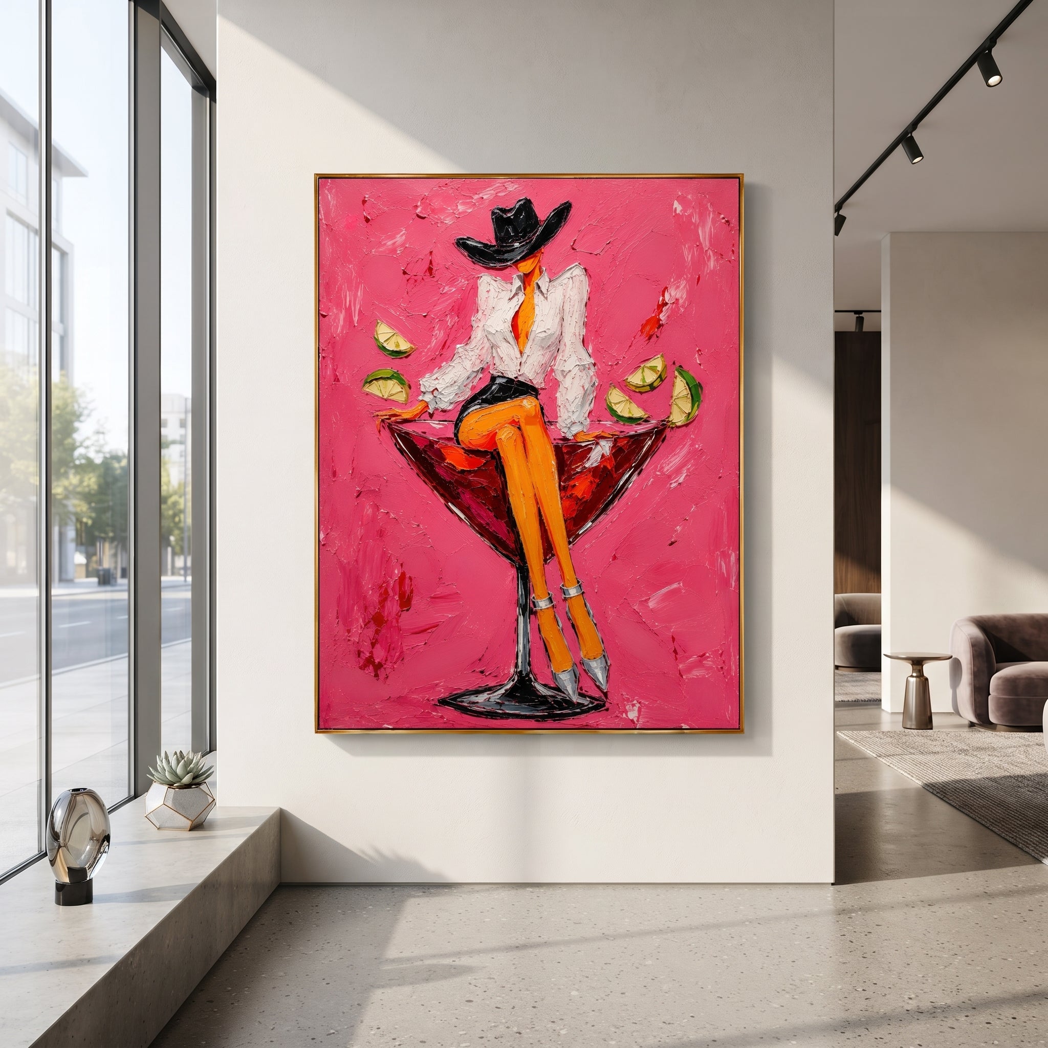 "Cowgirl Martini Glass Painting" focuses on atmosphere, surface movement, and sculptural heavy impasto craftsmanship rather than a fixed literal storyline. The composition uses this hand-painted vertical canvas features a stylish cowgirl sitting on the rim of a red martini glass against a vivid pink plaster background as the visual anchor, while layered palette-knife paint, raised plaster-like texture, and softened brush movement create tactile depth across the canvas. Curated with a balanced