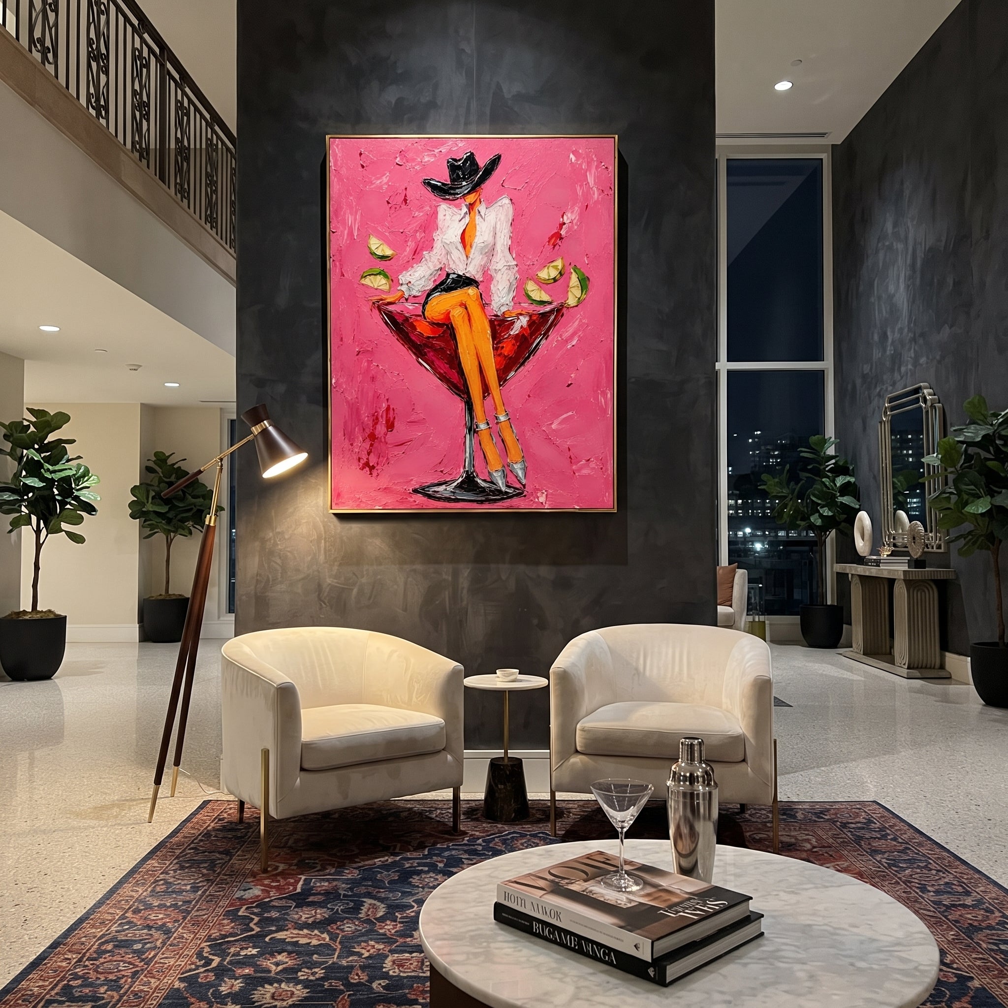 "Cowgirl Martini Glass Painting" focuses on atmosphere, surface movement, and sculptural heavy impasto craftsmanship rather than a fixed literal storyline. The composition uses this hand-painted vertical canvas features a stylish cowgirl sitting on the rim of a red martini glass against a vivid pink plaster background as the visual anchor, while layered palette-knife paint, raised plaster-like texture, and softened brush movement create tactile depth across the canvas. Curated with a balanced